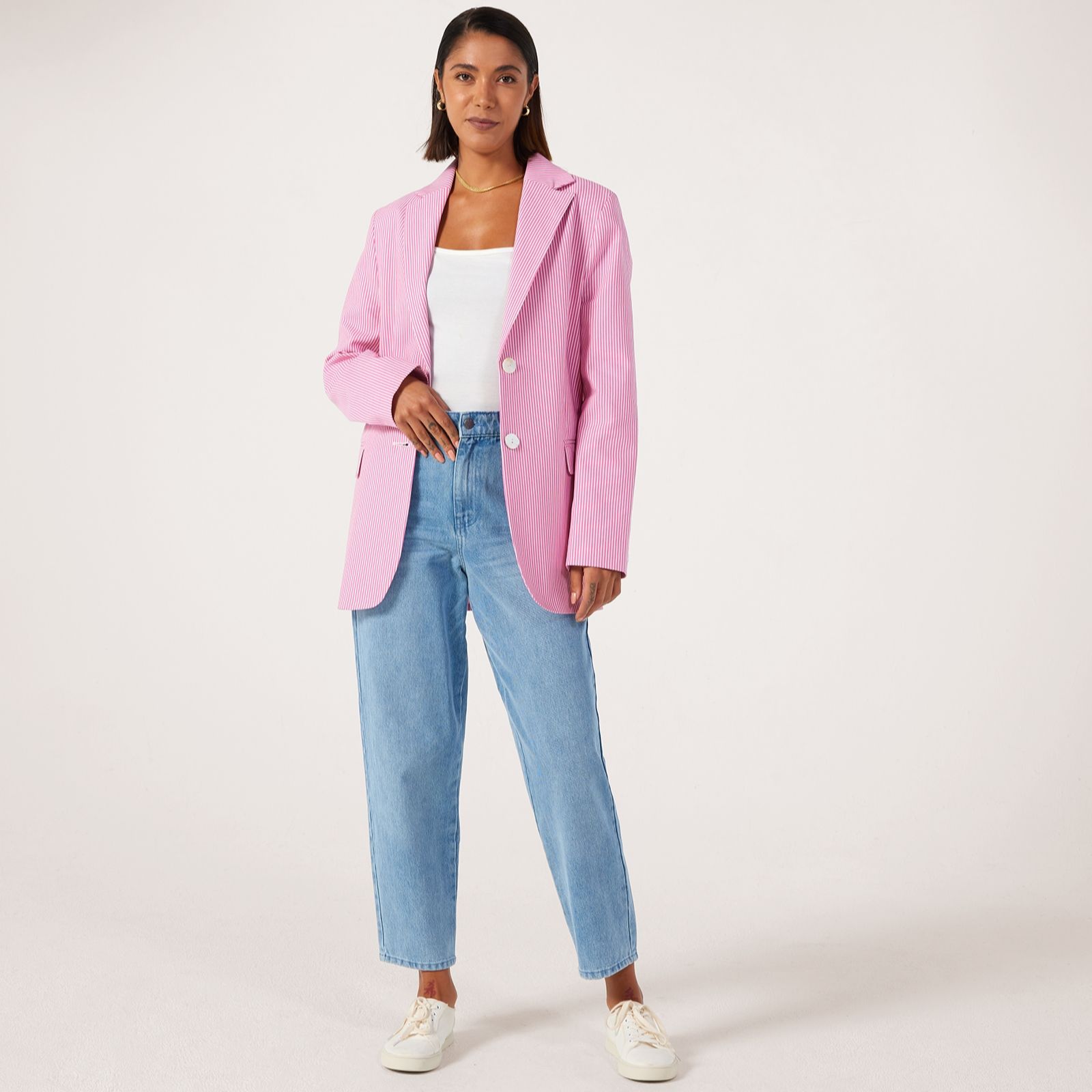 Helene Berman Striped Stretch Denim Relaxed Fit Blazer