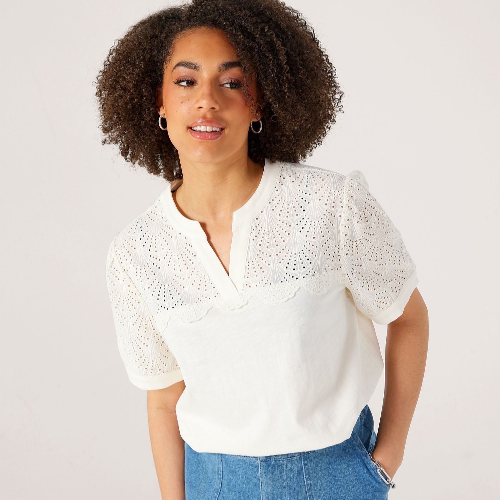 Denim & Co. Broderie Detail Short Sleeve Blouse