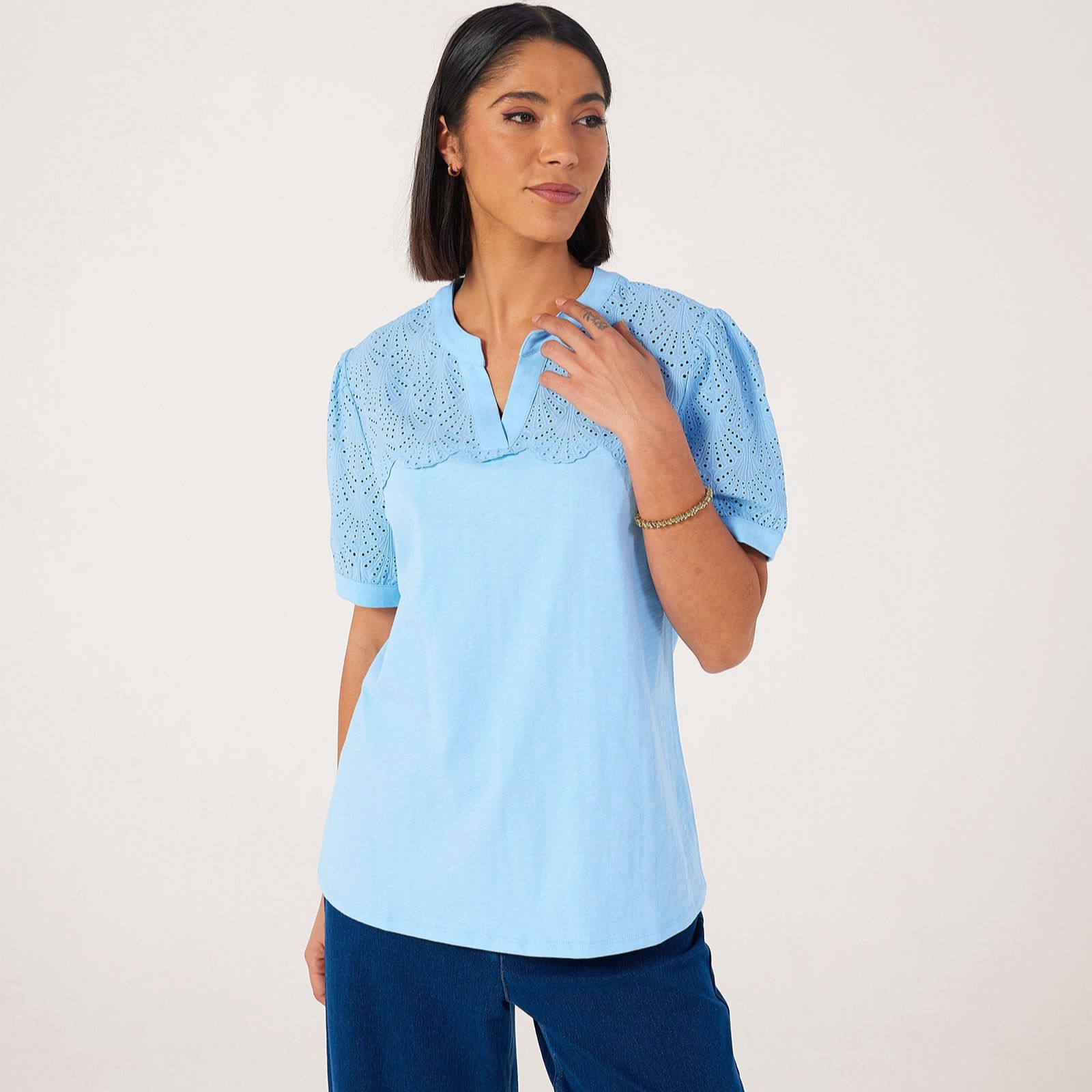 Denim & Co. Broderie Detail Short Sleeve Blouse