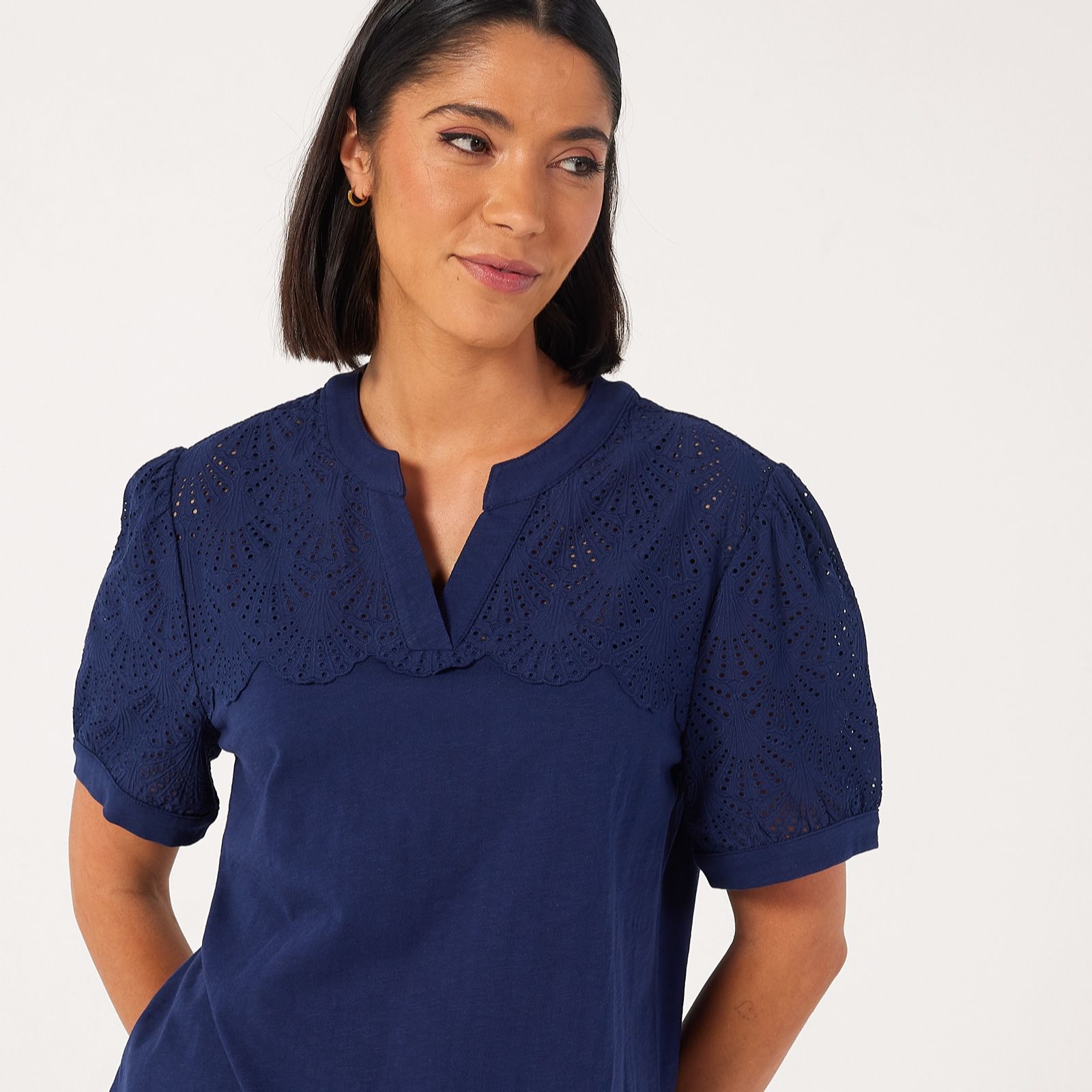 Denim & Co. Broderie Detail Short Sleeve Blouse