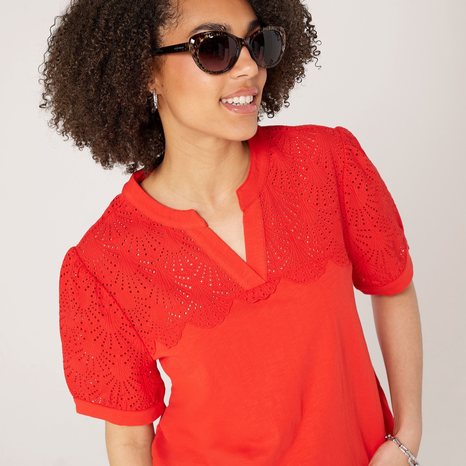 Denim & Co. Broderie Detail Short Sleeve Blouse