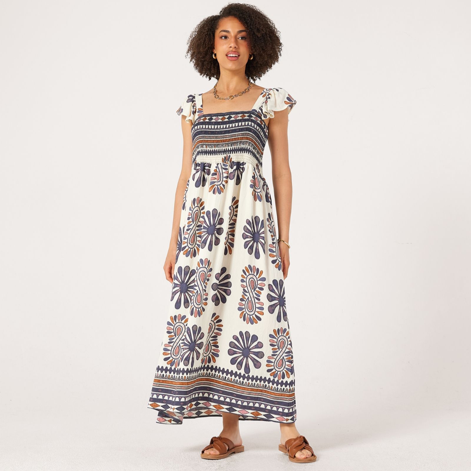 Malissa J Ruffle Sleeve Dress With Elasticates Sheering