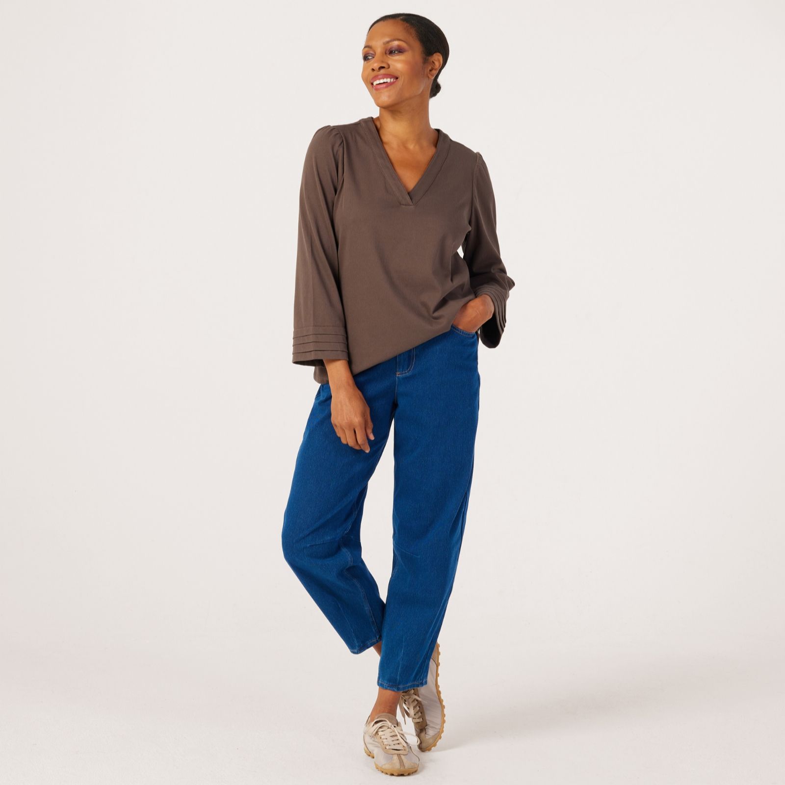 Denim & Co Comfy Knit Denim Pintuck Blouse