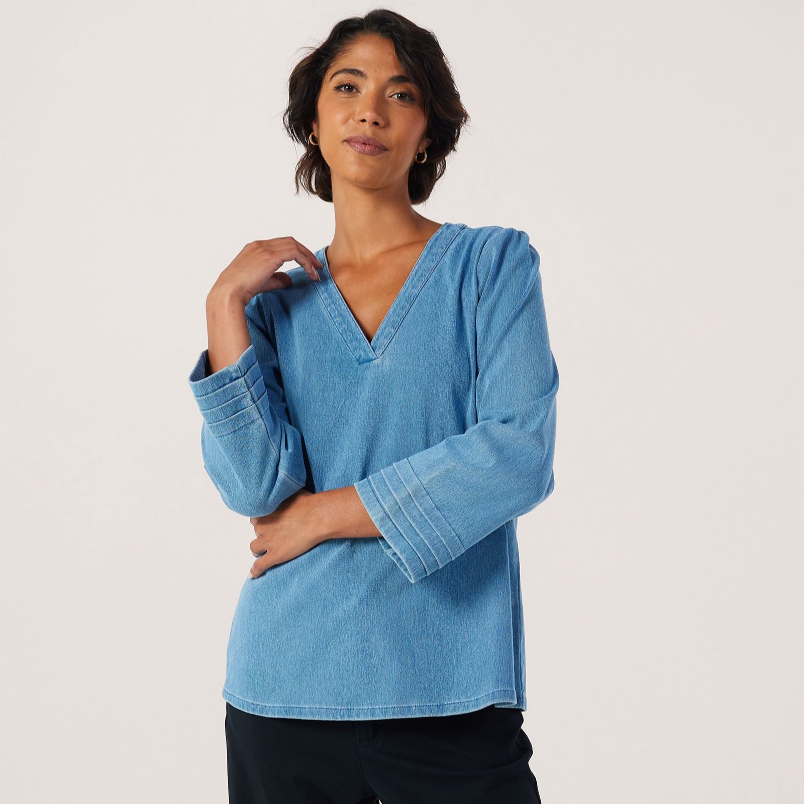 Denim & Co Comfy Knit Denim Pintuck Blouse