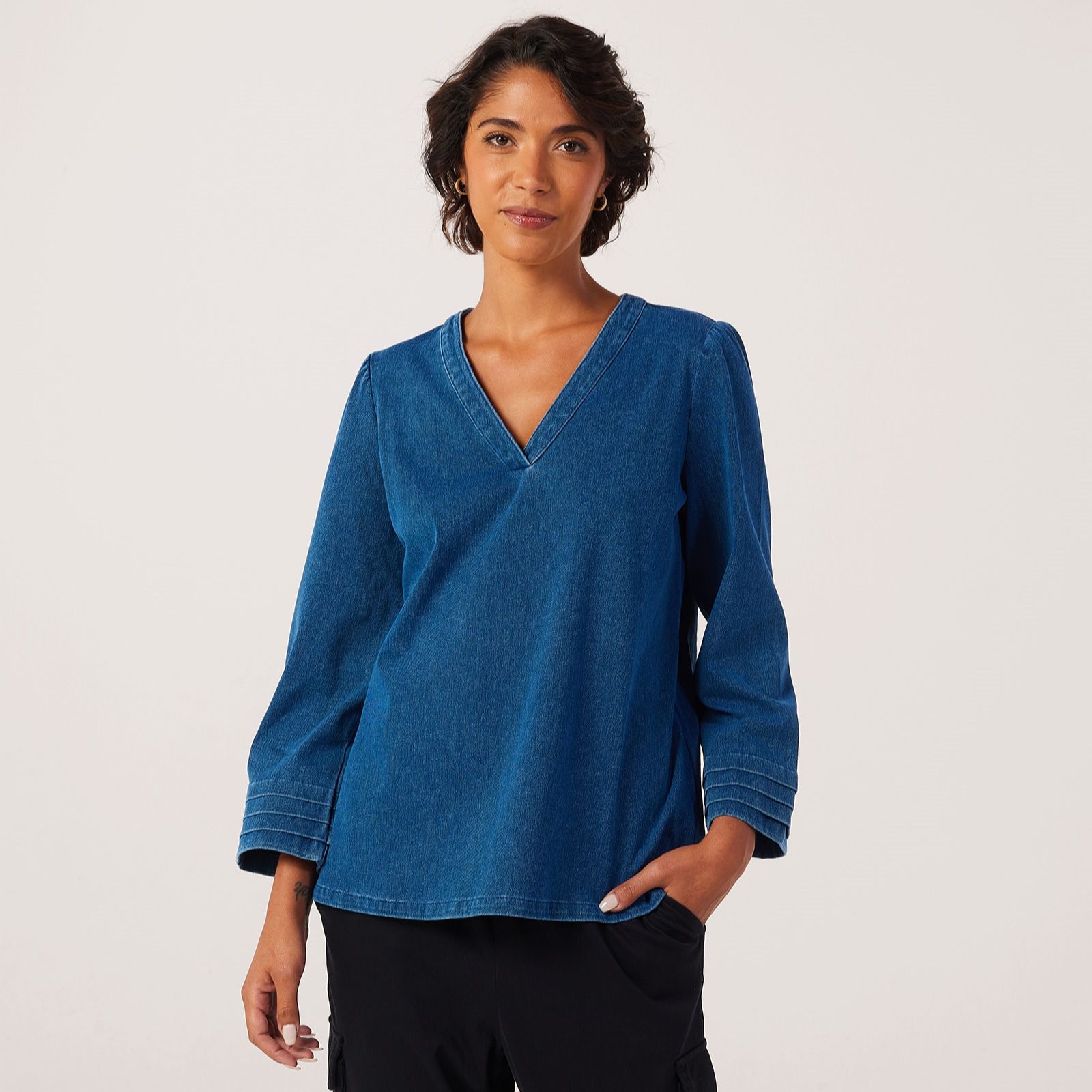 Denim & Co. Comfy Knit Denim Pintuck Blouse