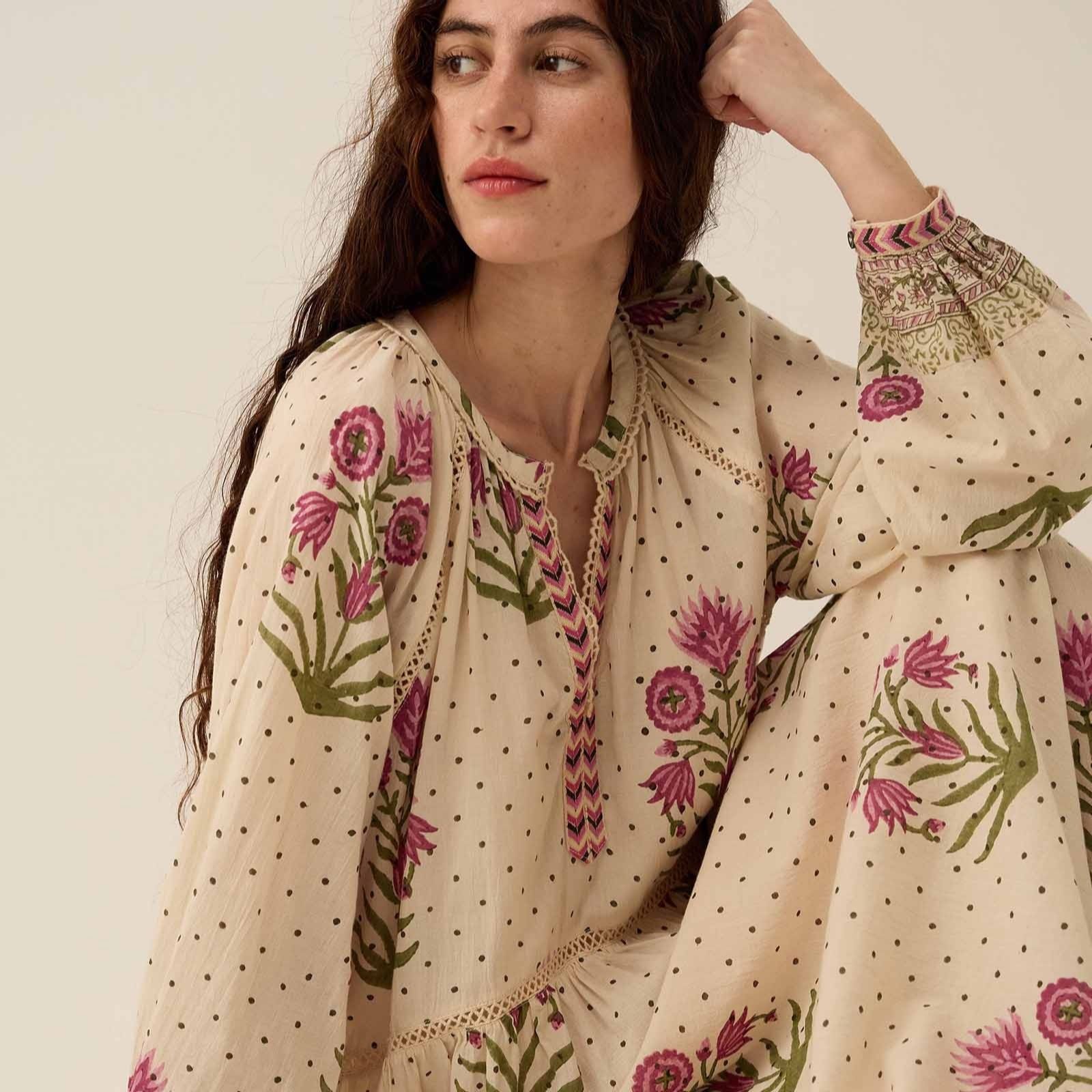 East Roza Hand-Woodblock Floral Cotton Dress