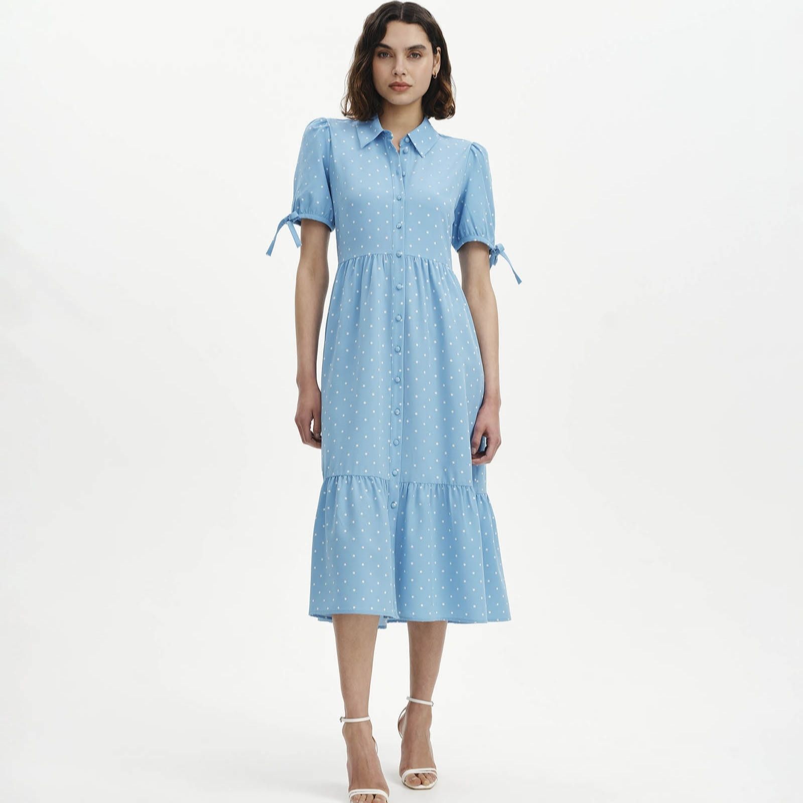 Finery London Spot Print Shirt Dress with Tie Sleeve Detail Petite