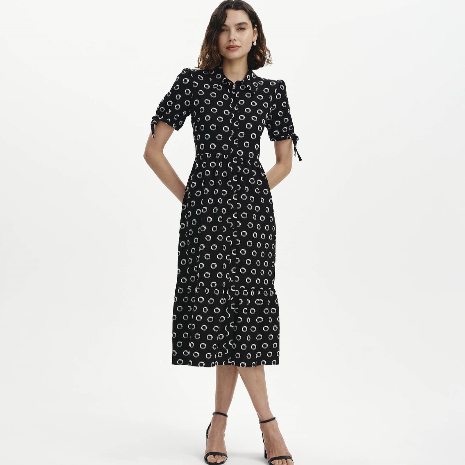 Finery London Spot Print Shirt Dress with Tie Sleeve Detail Petite