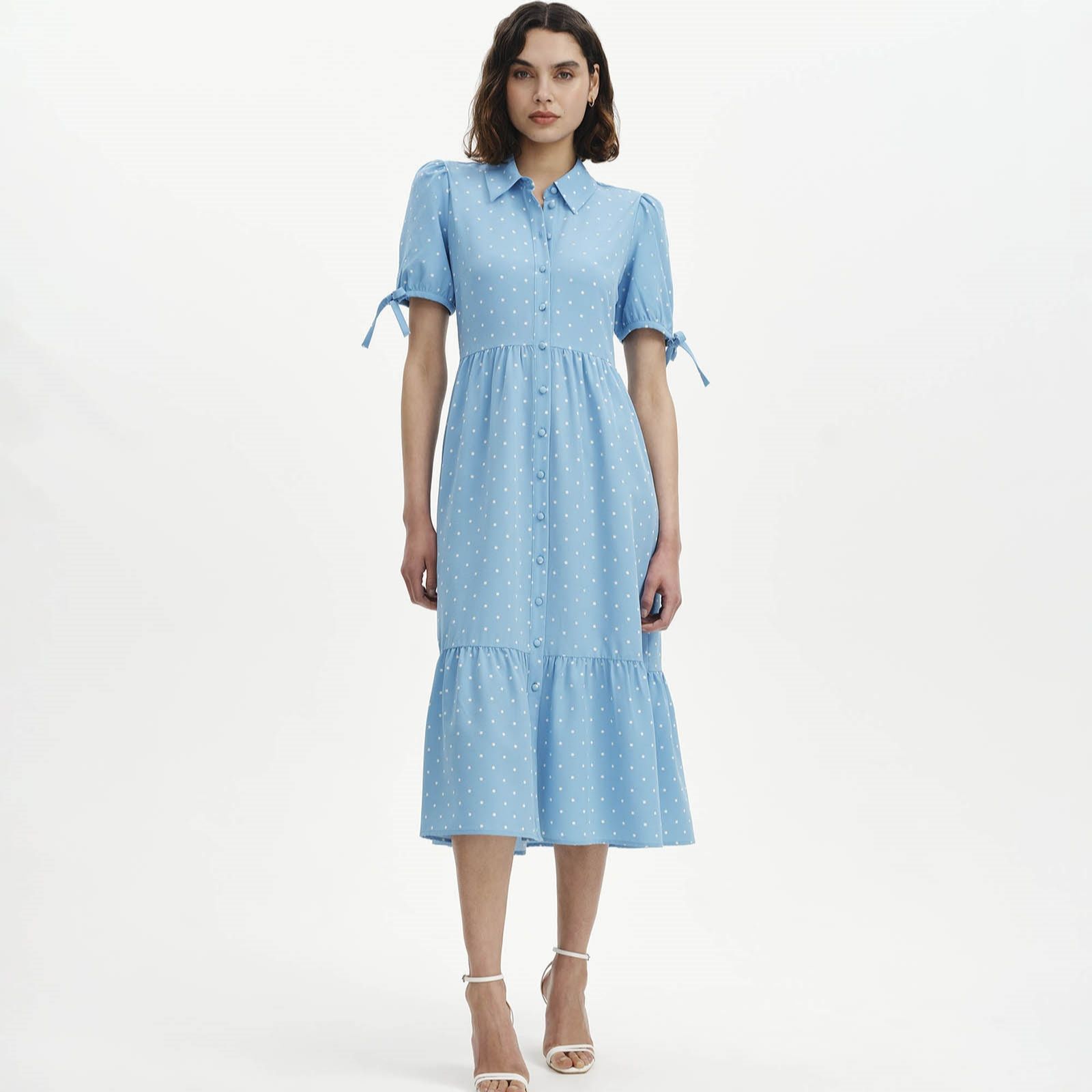 Finery London Spot Print Shirt Dress with Tie Sleeve Detail Petite