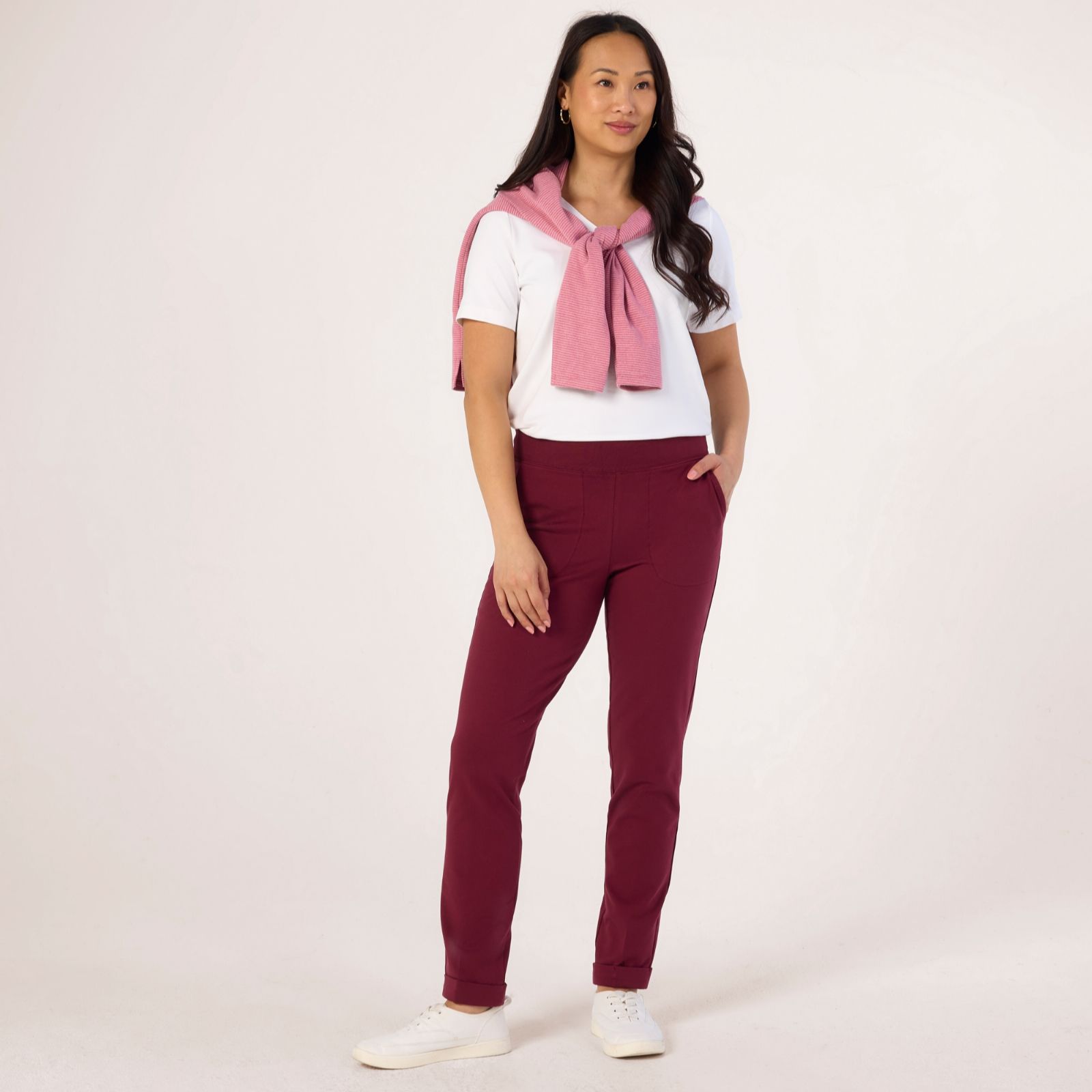 Denim & Co Duo Stretch Crease Front Slm Straight Trousers Petite
