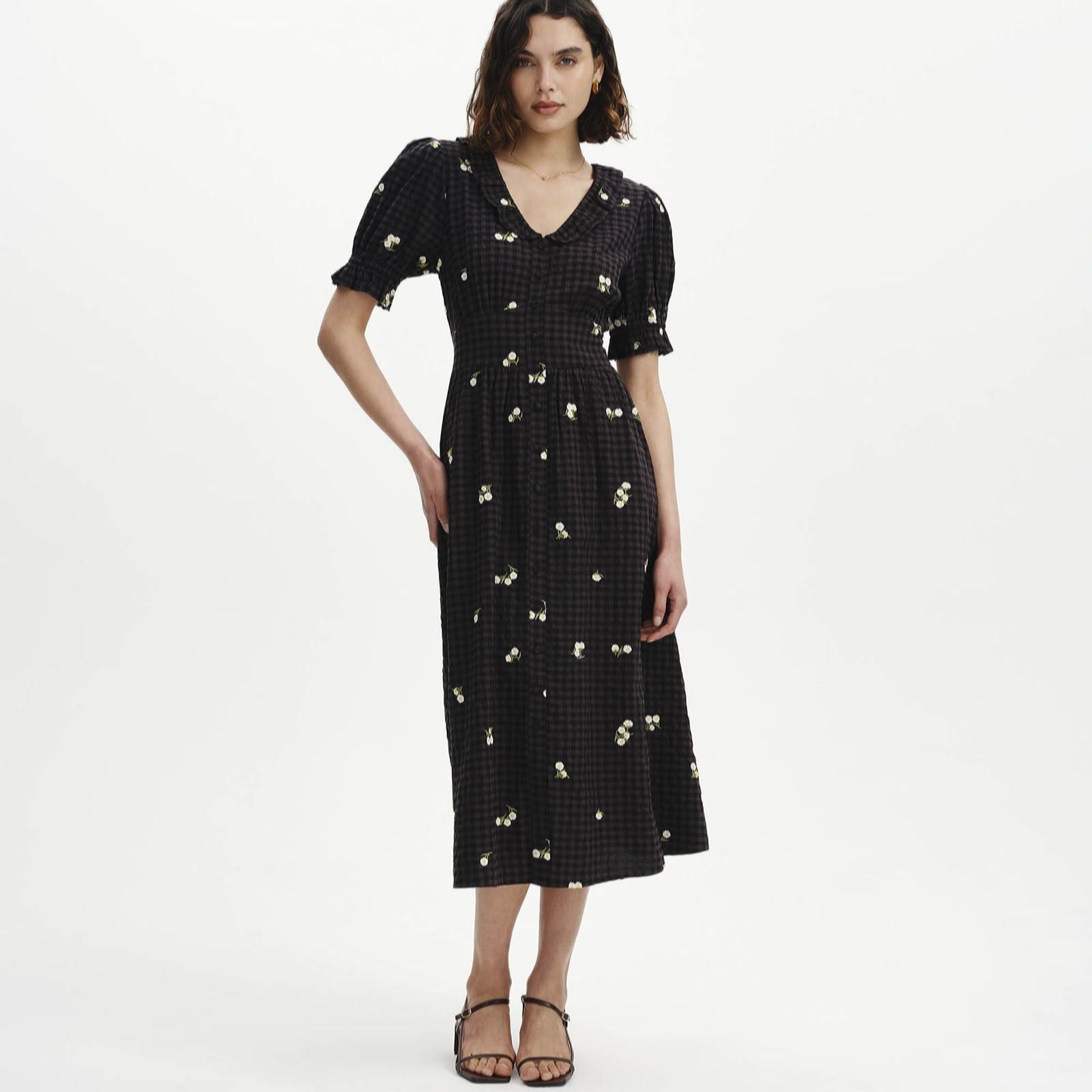 Finery London Aoife Cotton Seersucker Embroidered Floral Dress Petite