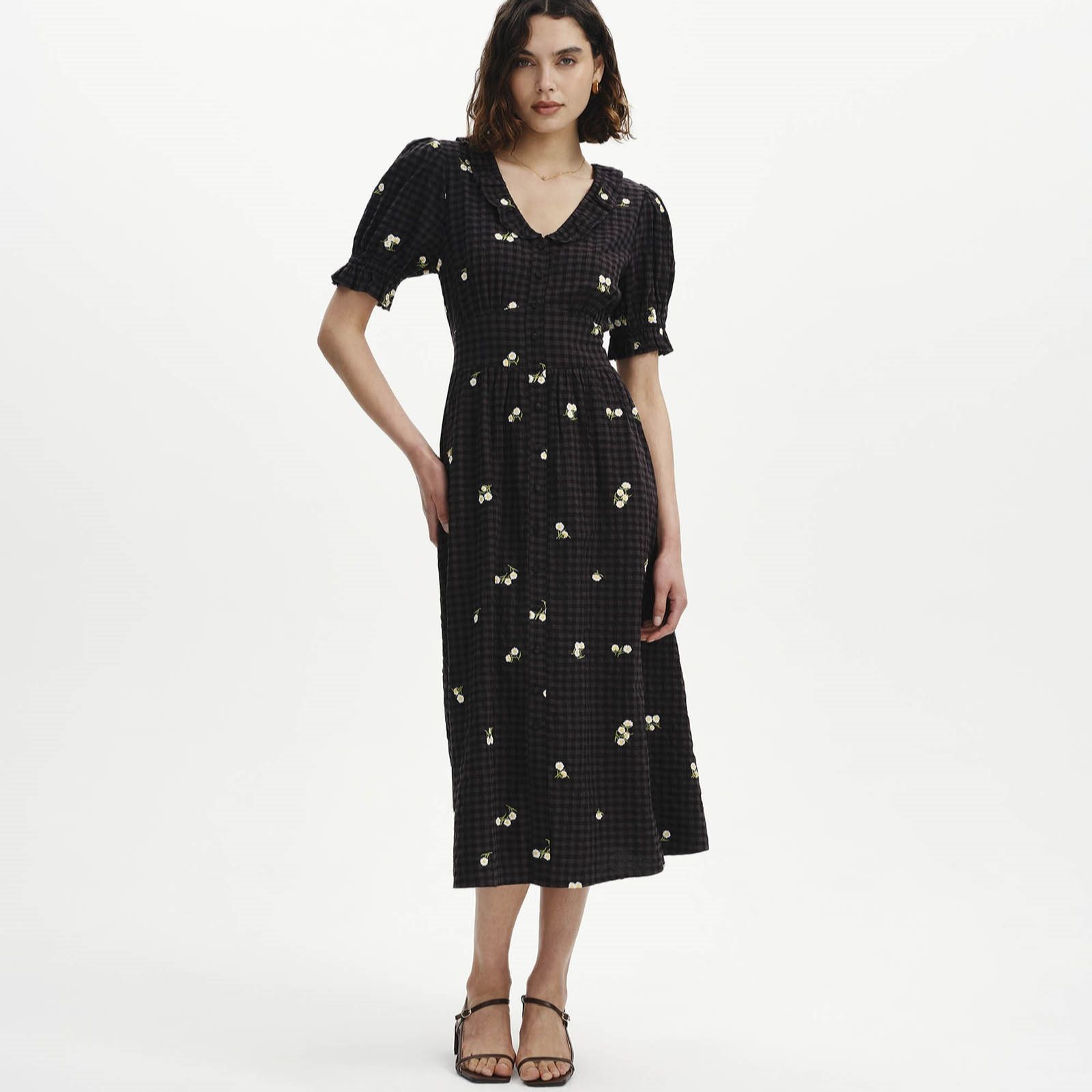 Finery London Aoife Cotton Seersucker Embroidered Floral Dress Petite