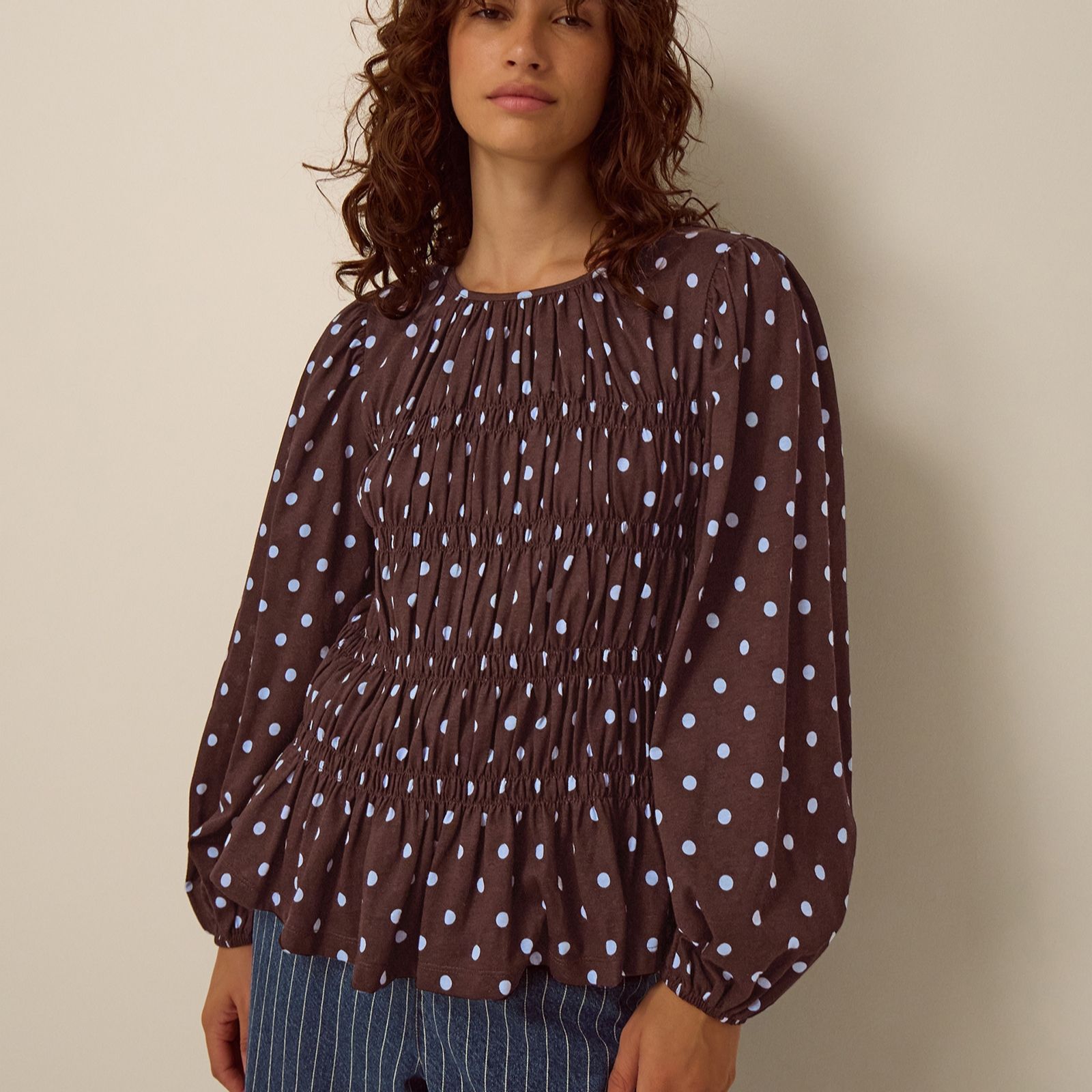 Monsoon Shae Spot Shirred Jersey Top
