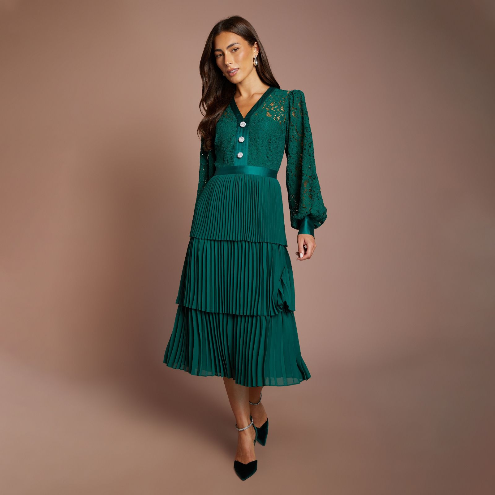 Coast Lace Bodice Long Sleeve Tiered Midi Dress