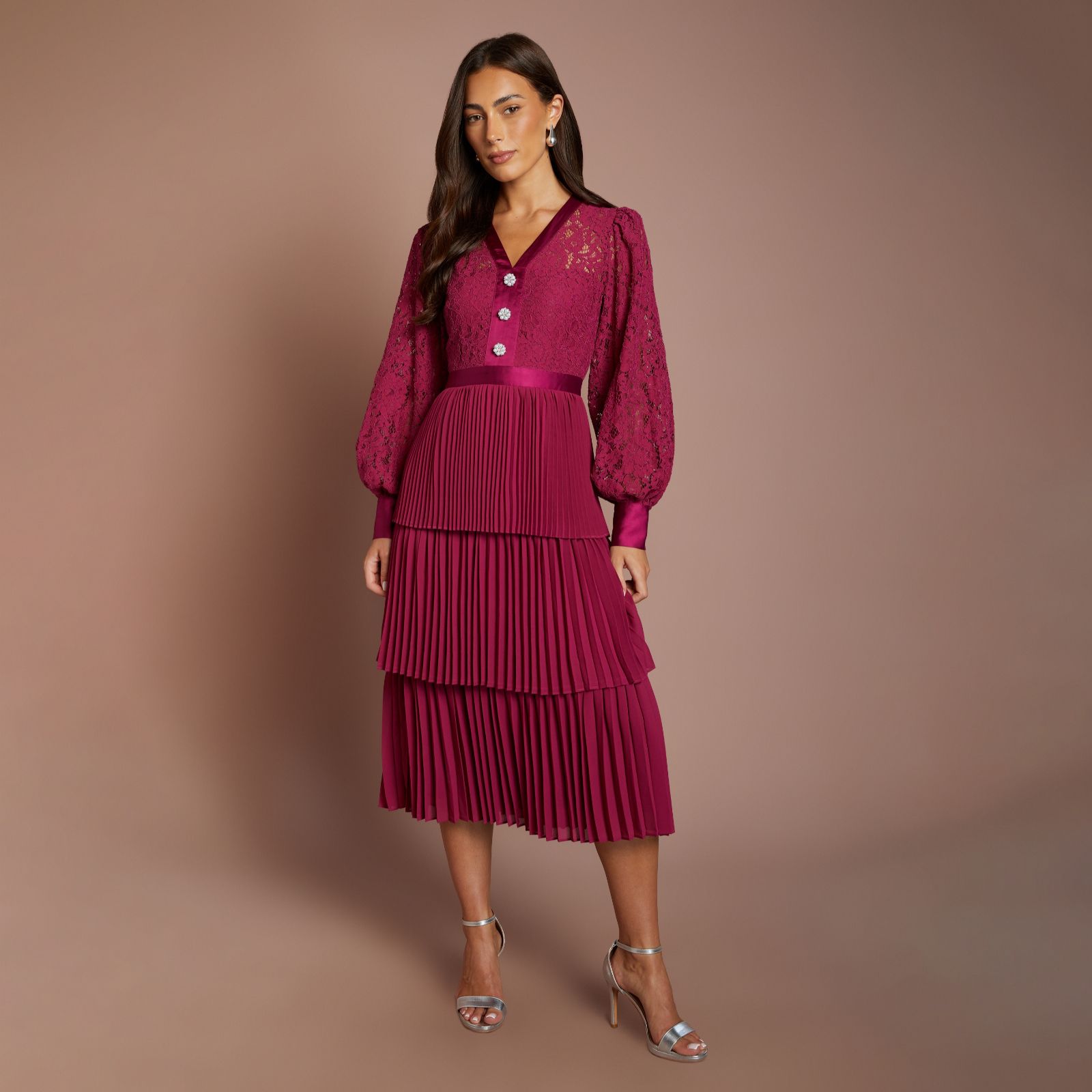 Coast Lace Bodice Long Sleeve Tiered Midi Dress