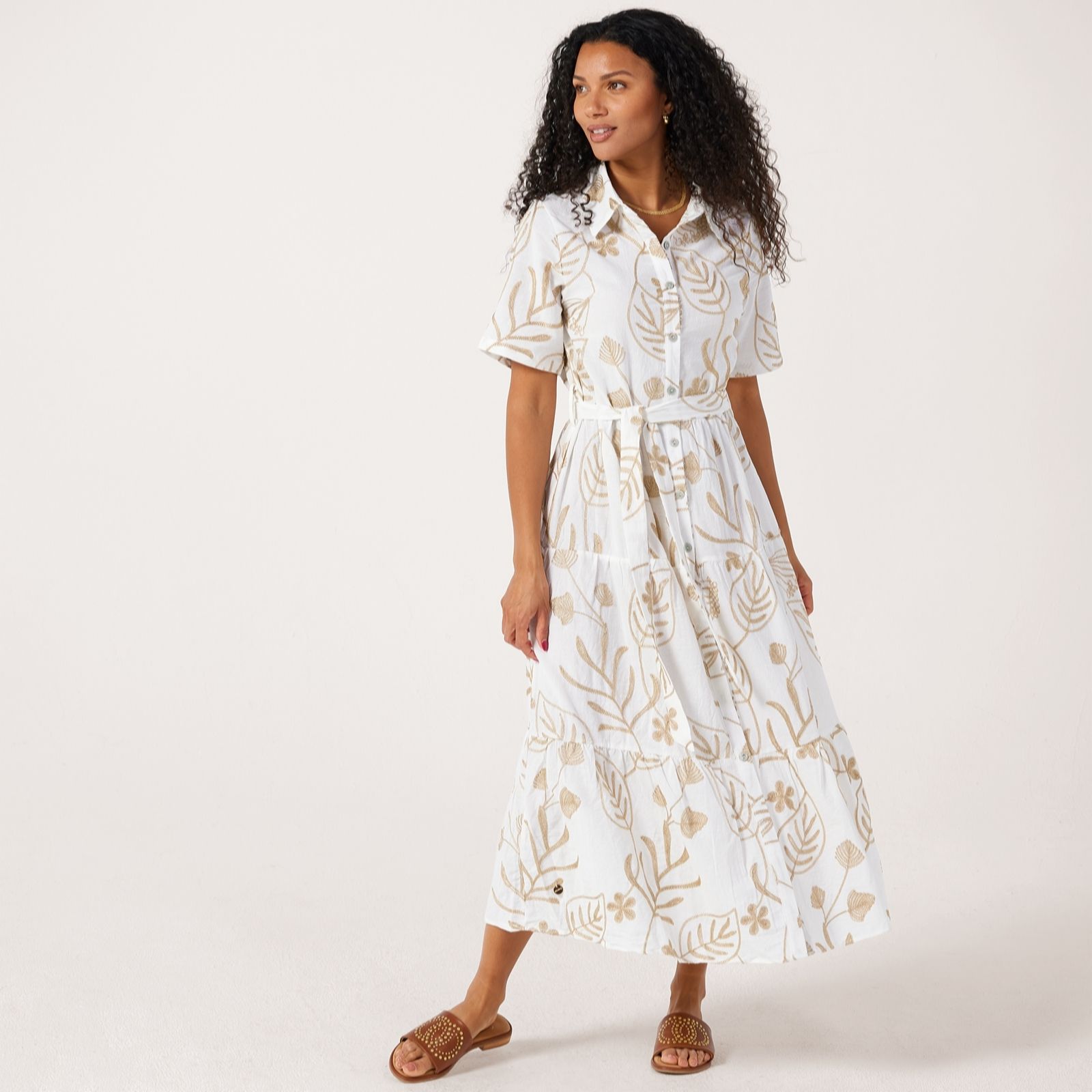 Malissa J Lurex Embroidered Maxi Shirt Dress With Sash