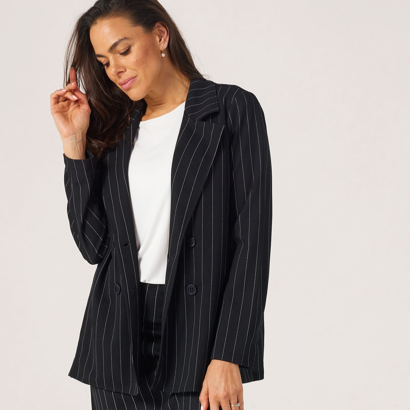 Kim & Co Pinstripe Ponte Crepe Double Breasted Jacket