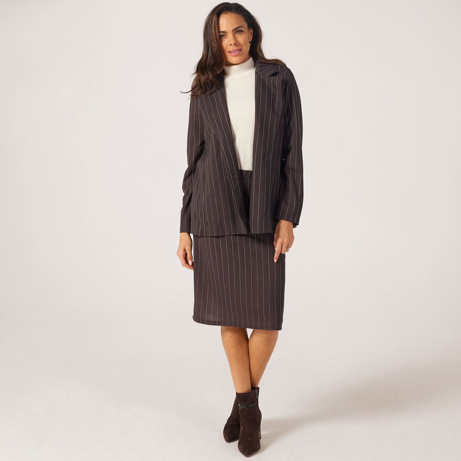 Kim & Co Pinstripe Ponte Crepe Double Breasted Jacket