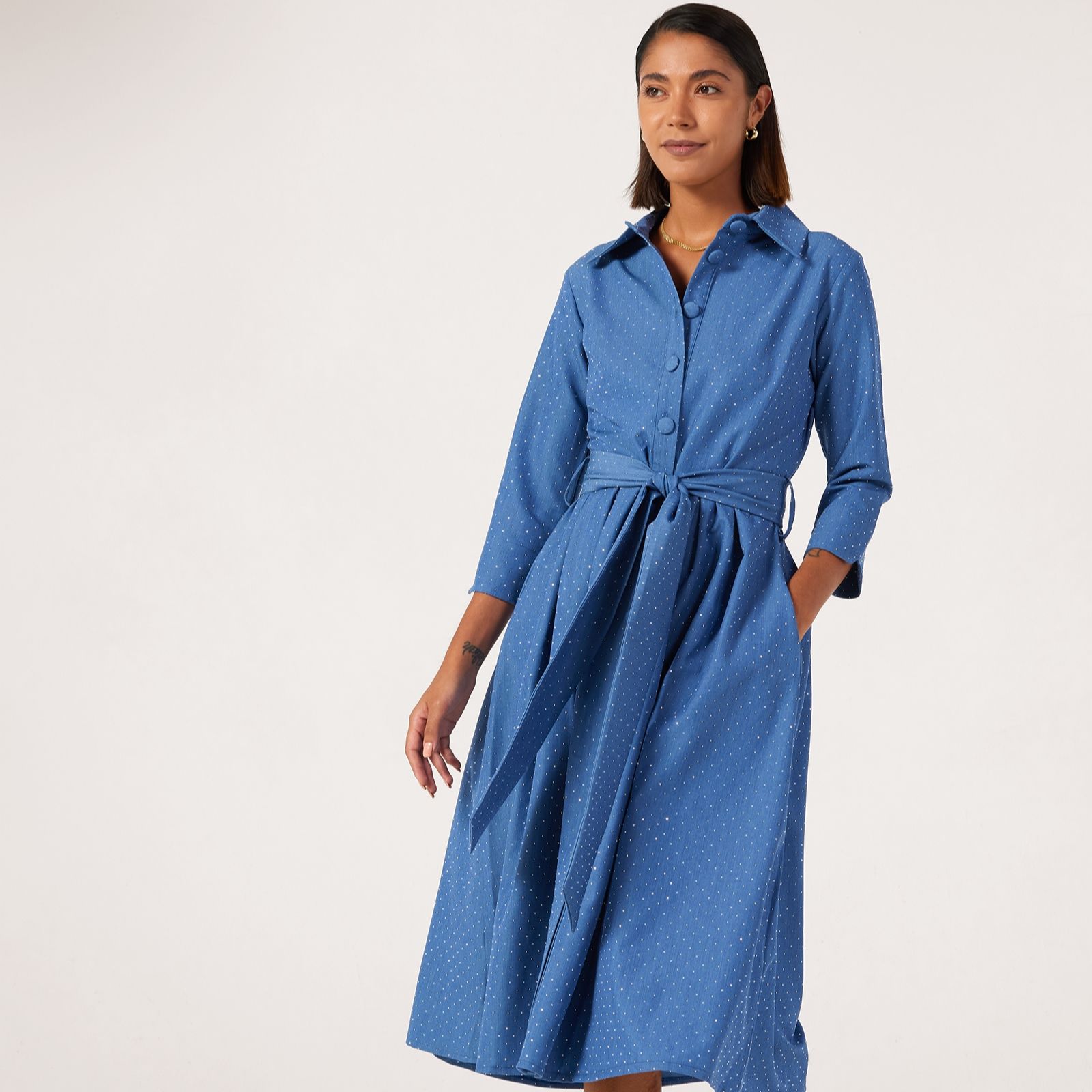 Helene Berman Embellished Studded Summer Sparkle Denim Shirt Dress