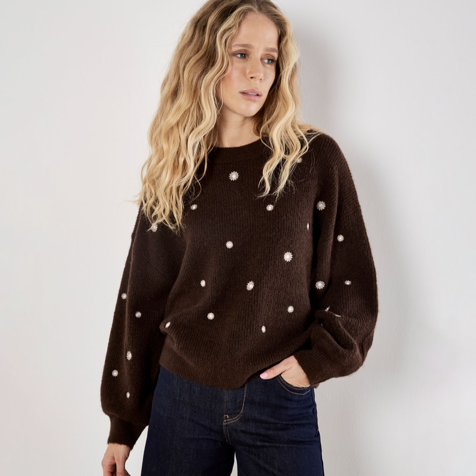 Apricot Daisy Embroidered Ribbed Jumper
