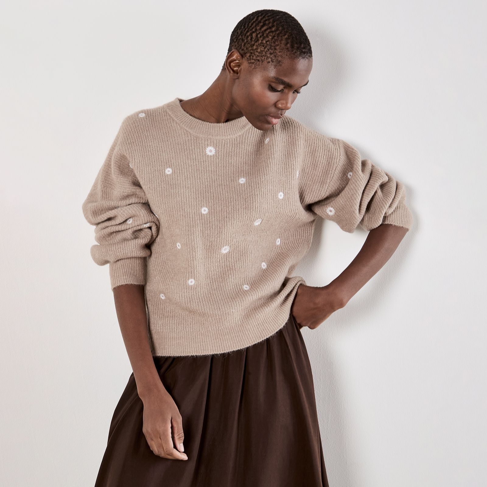 Apricot Daisy Embroidered Ribbed Jumper