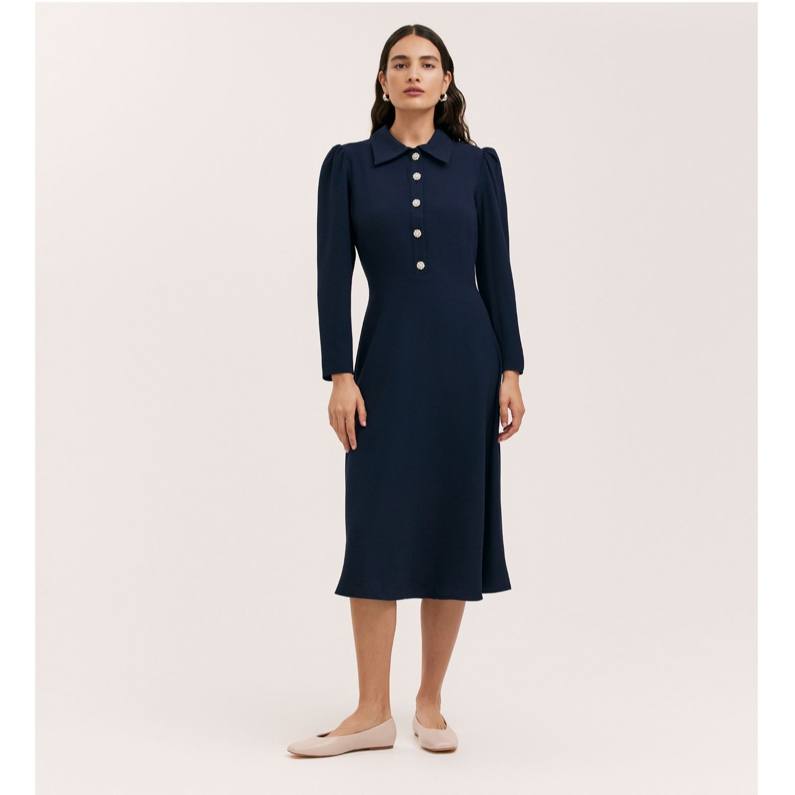 Finery London Lucie Rich Crepe Dress with Pearl Buttons