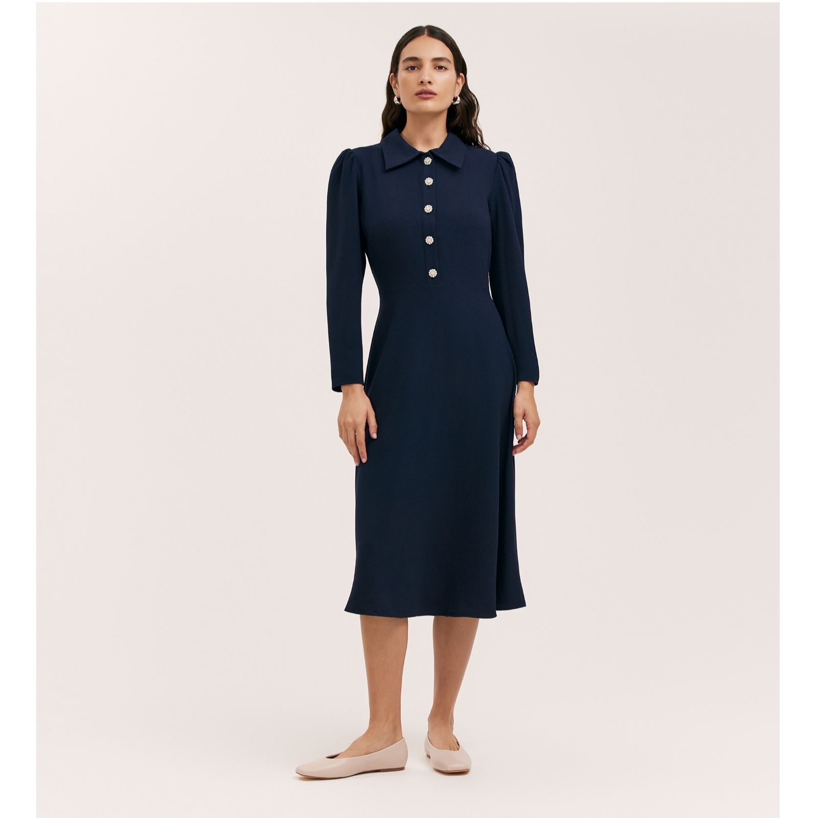 Finery London Lucie Rich Crepe Dress with Pearl Buttons