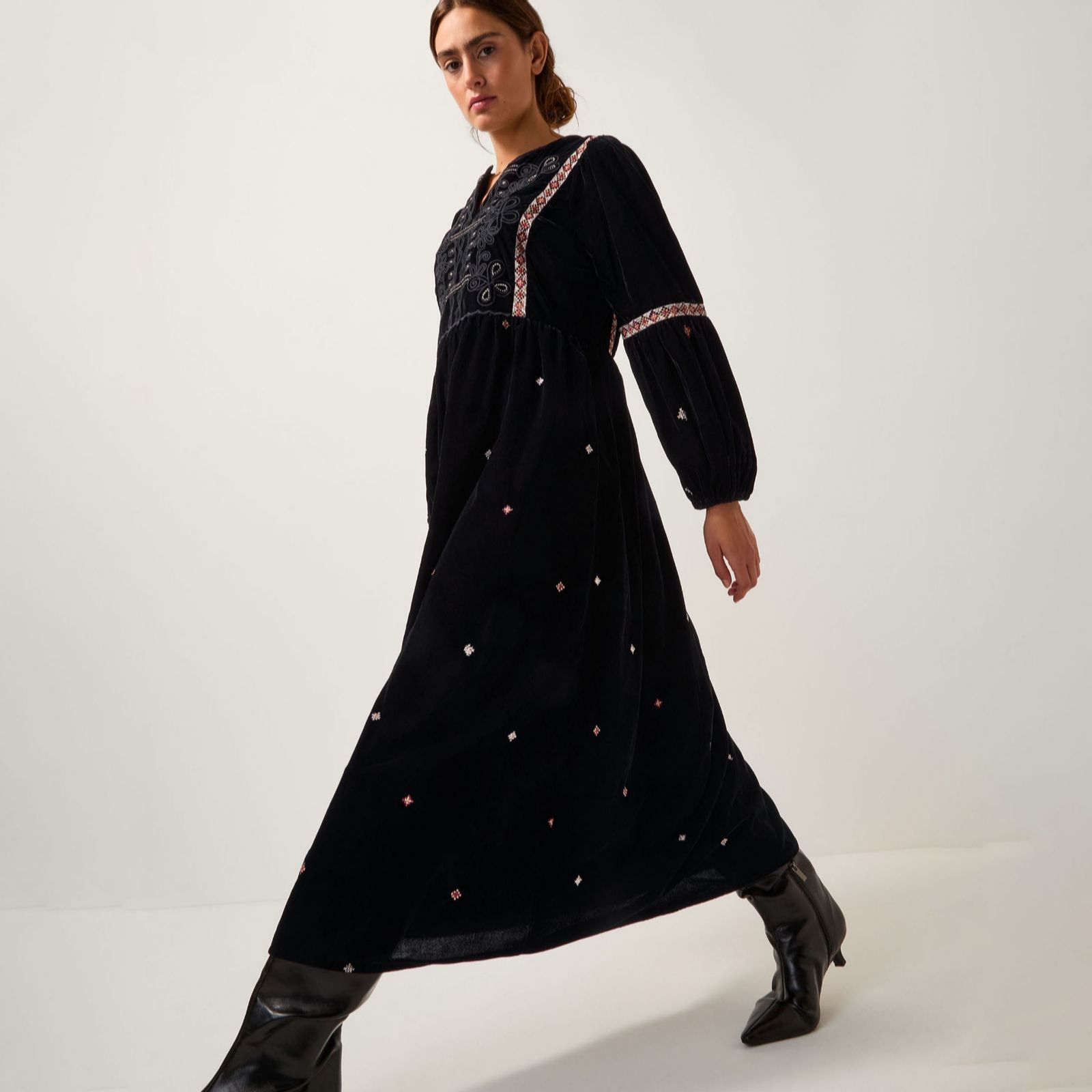 Monsoon Noni Velvet Embroidered Dress