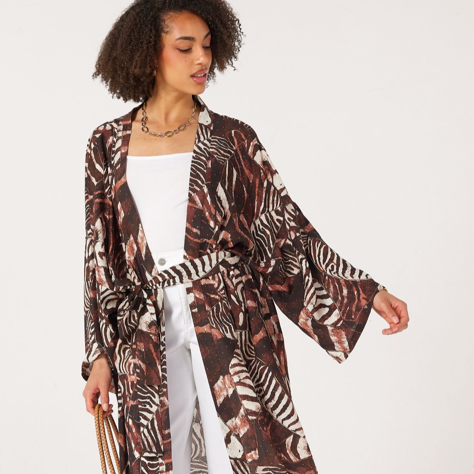 Malissa J Long Kimono Style Cover Up with Fabric Belt