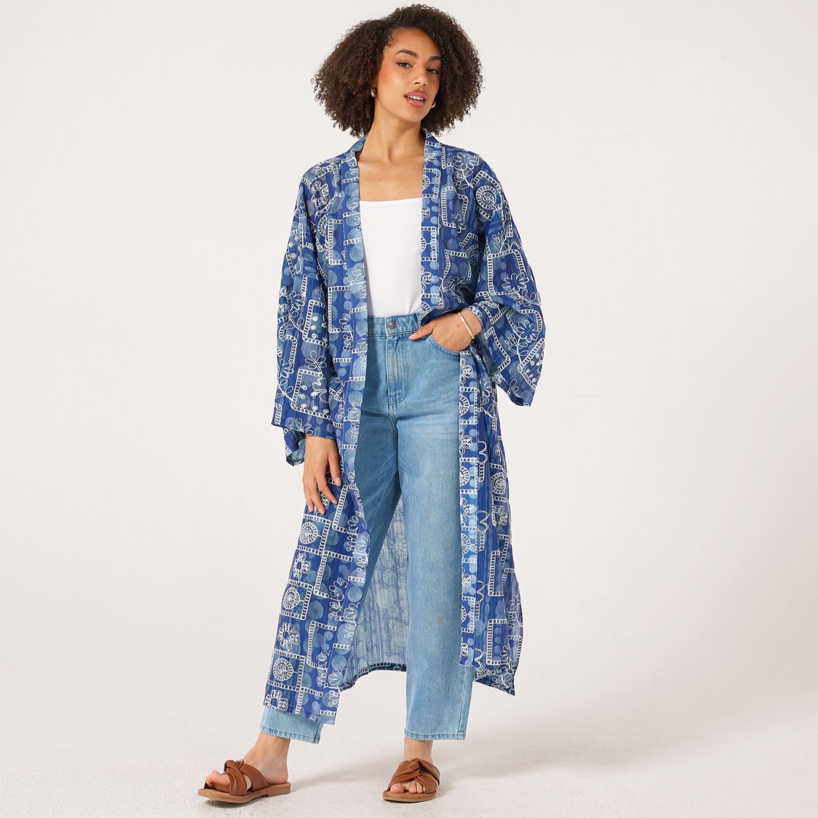 Malissa J Long Kimono Style Cover Up with Fabric Belt
