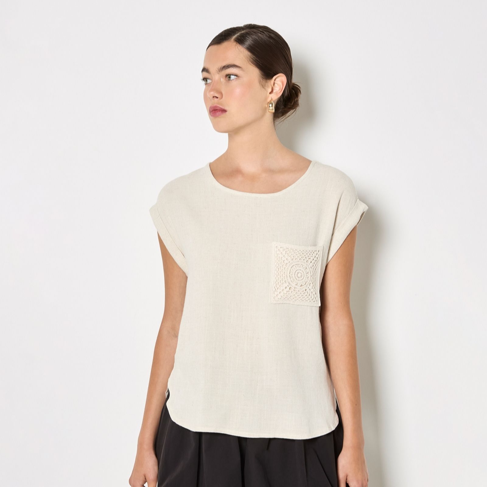 Apricot Crochet Pocket Turn Up Tee