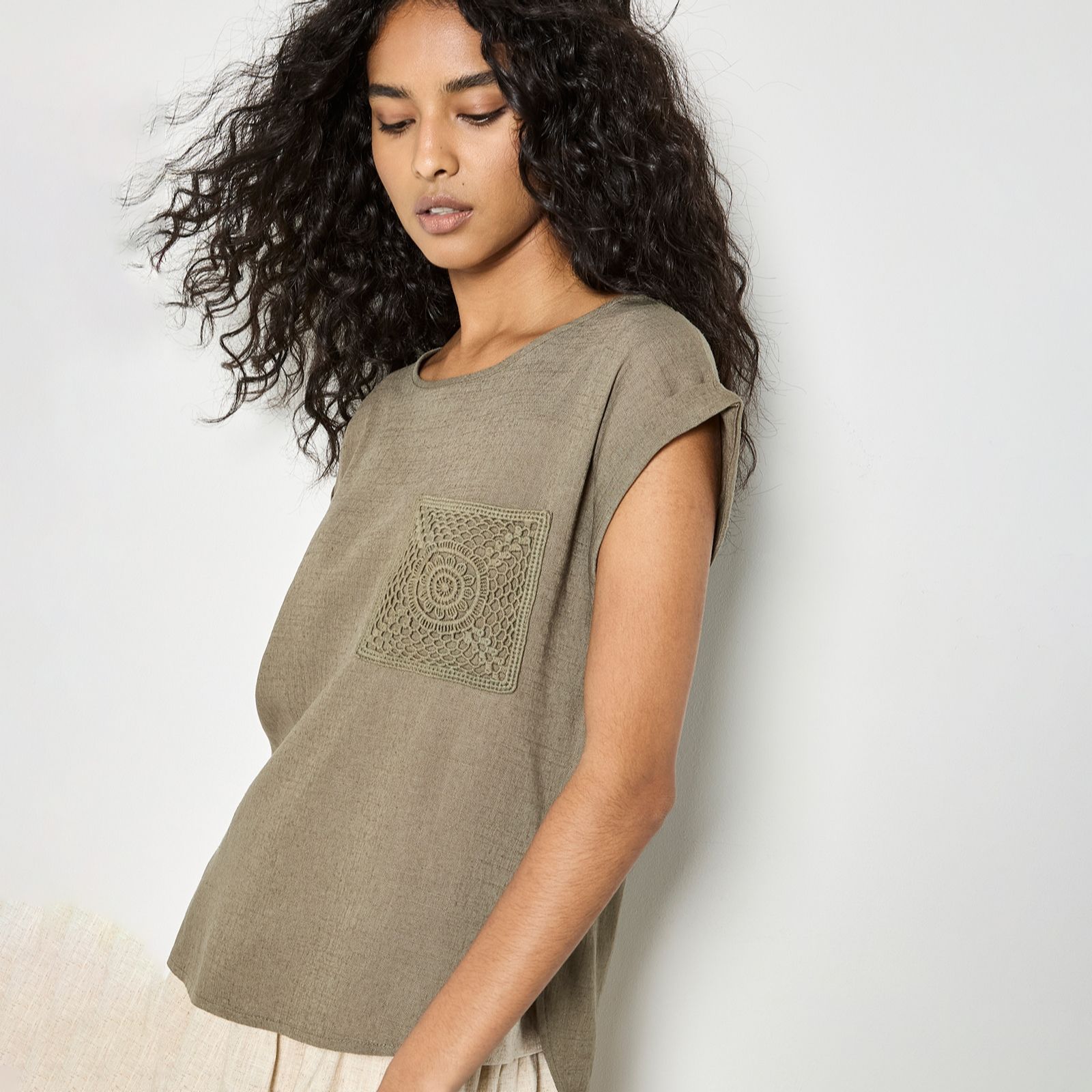 Apricot Crochet Pocket Turn Up Tee