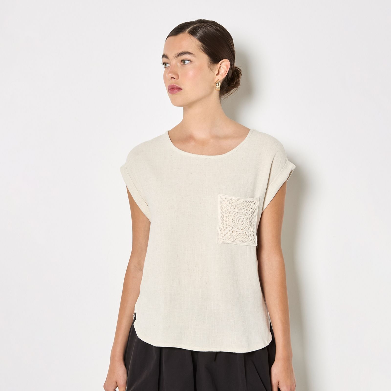 Apricot Crochet Pocket Turn Up Tee