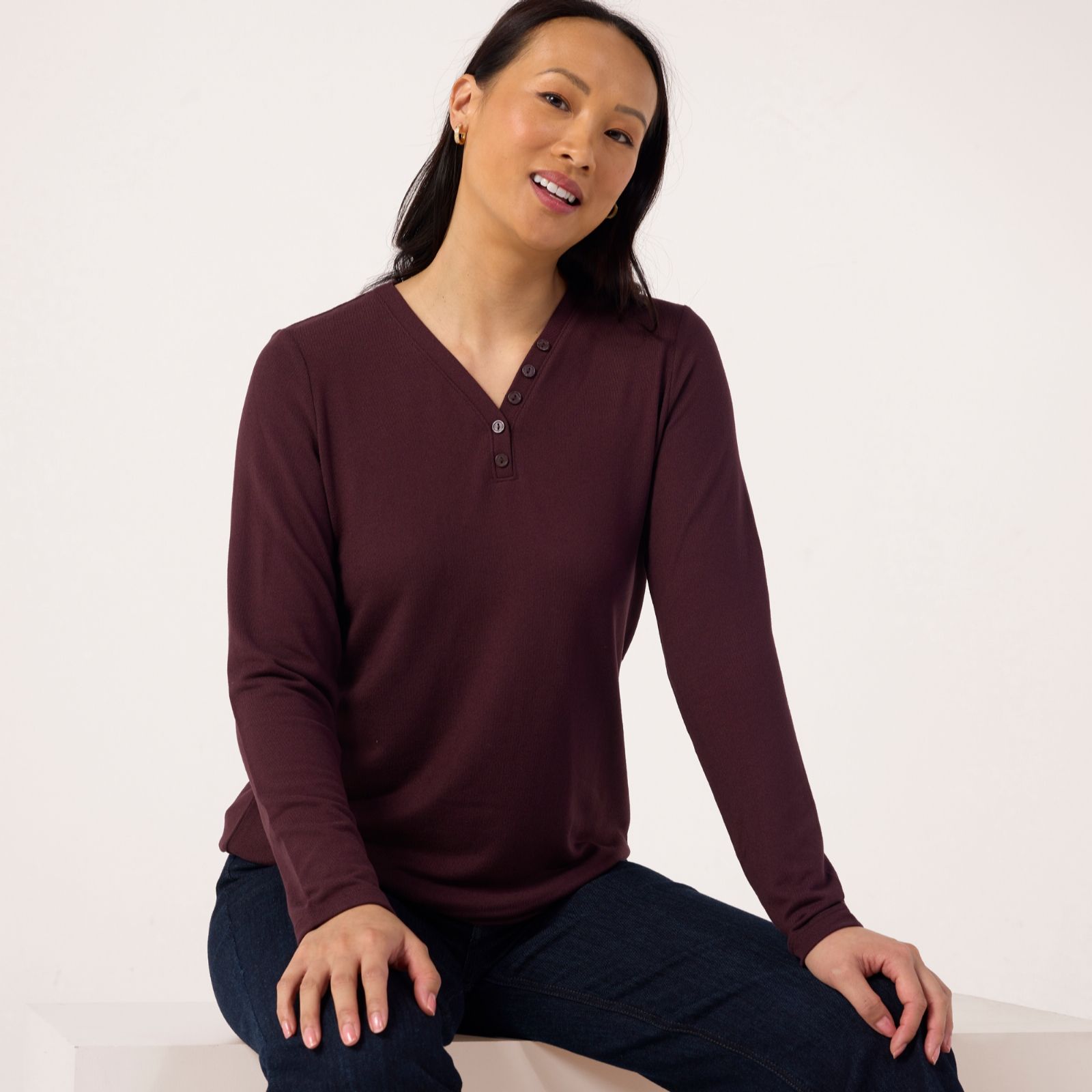 Denim & Co Essentials Heavenly Jersey Long Sleeve Top w/Buttons