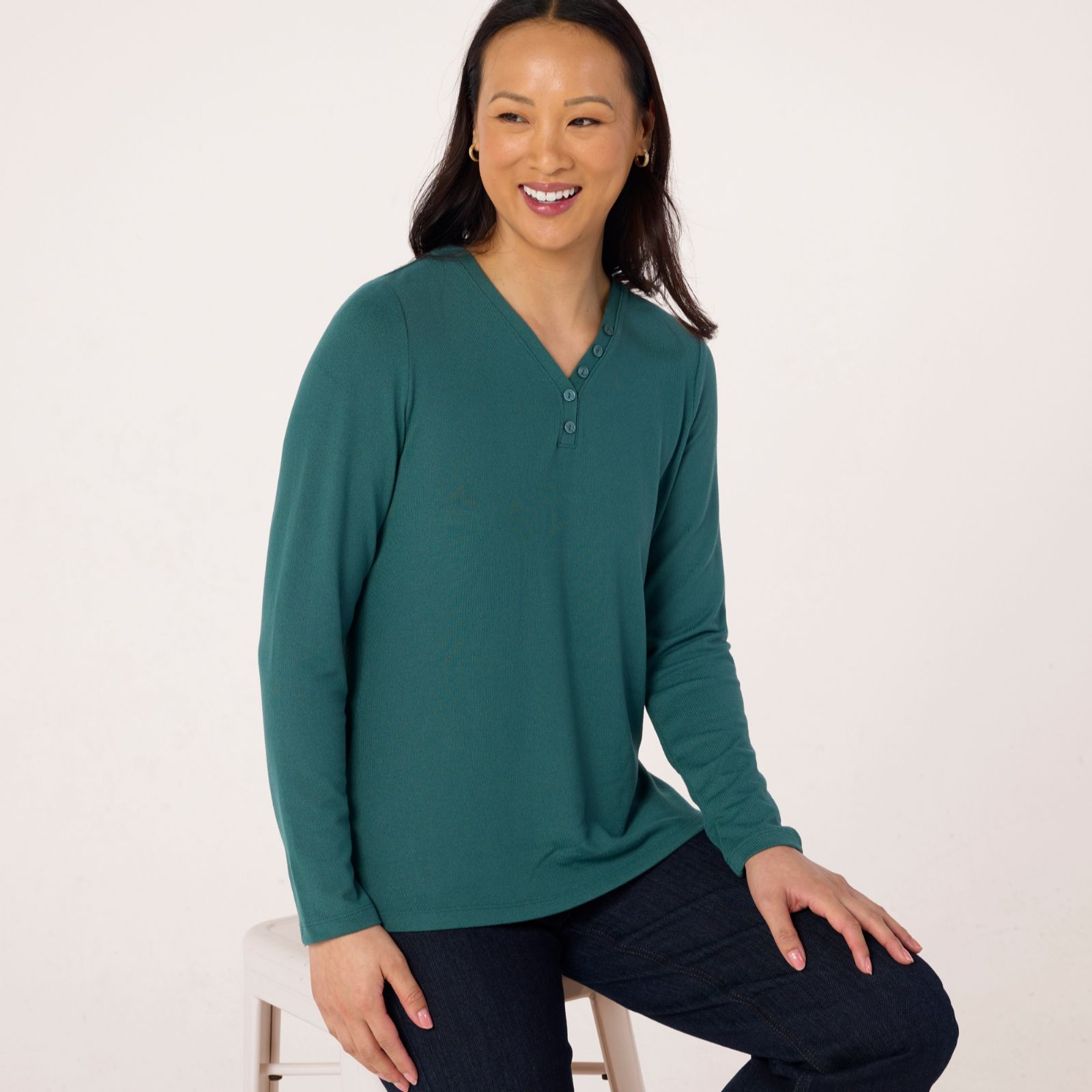 Denim & Co Essentials Heavenly Jersey Long Sleeve Top w/Buttons