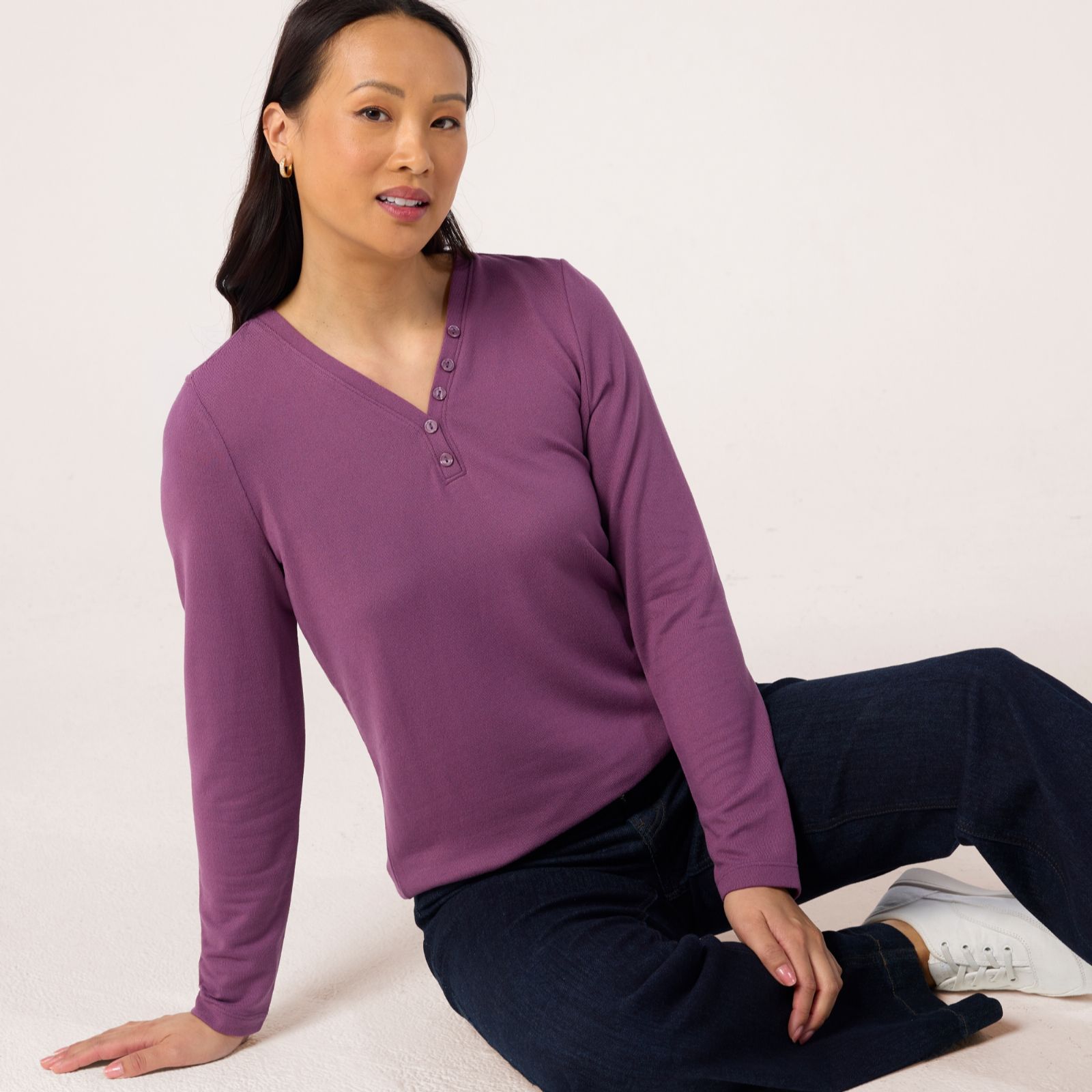 Denim & Co Essentials Heavenly Jersey Long Sleeve Top w/Buttons
