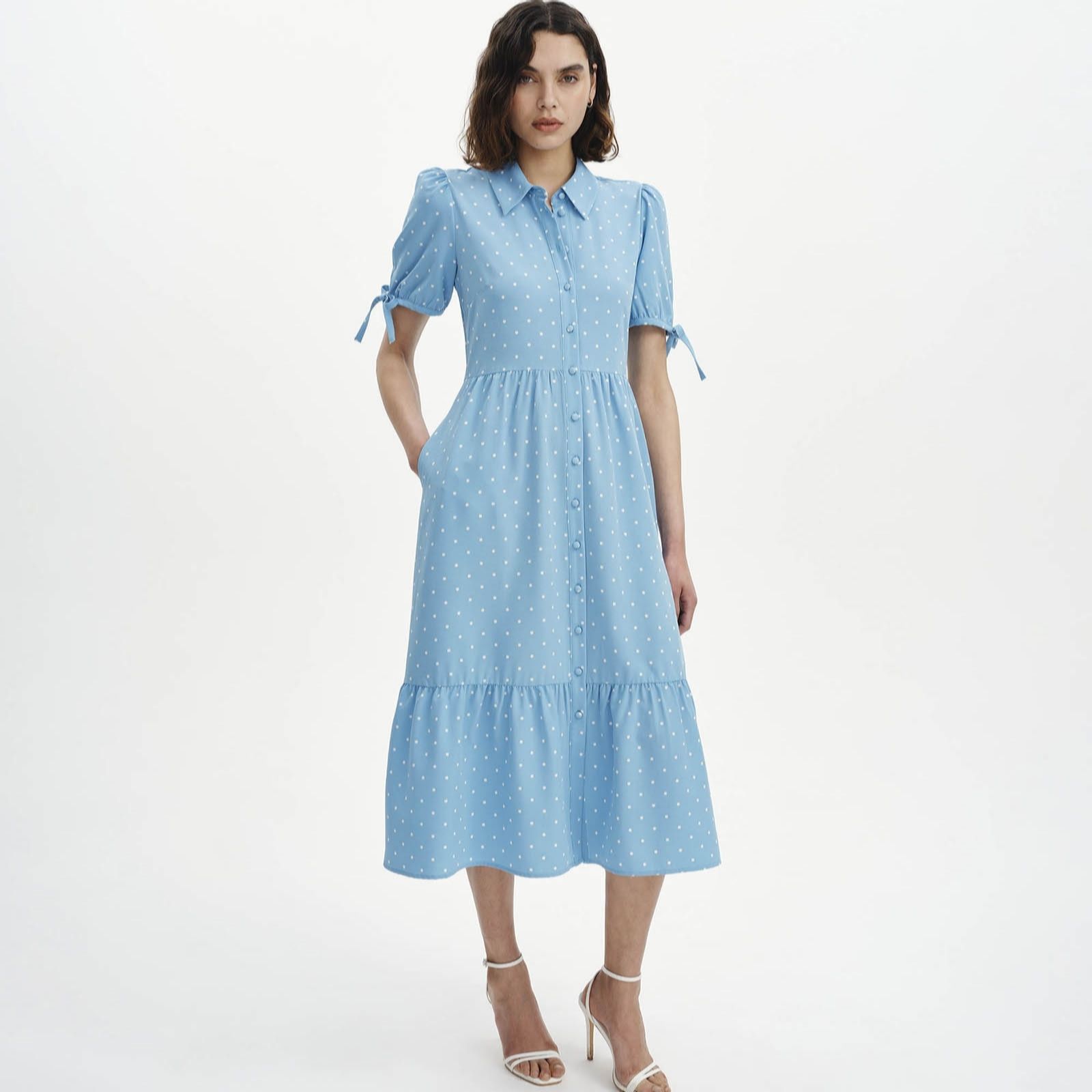 Finery London Spot Print Shirt Dress with Tie Sleeve Detail Standard