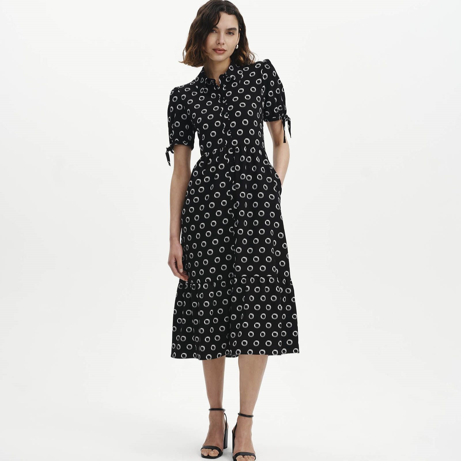 Finery London Spot Print Shirt Dress with Tie Sleeve Detail Standard