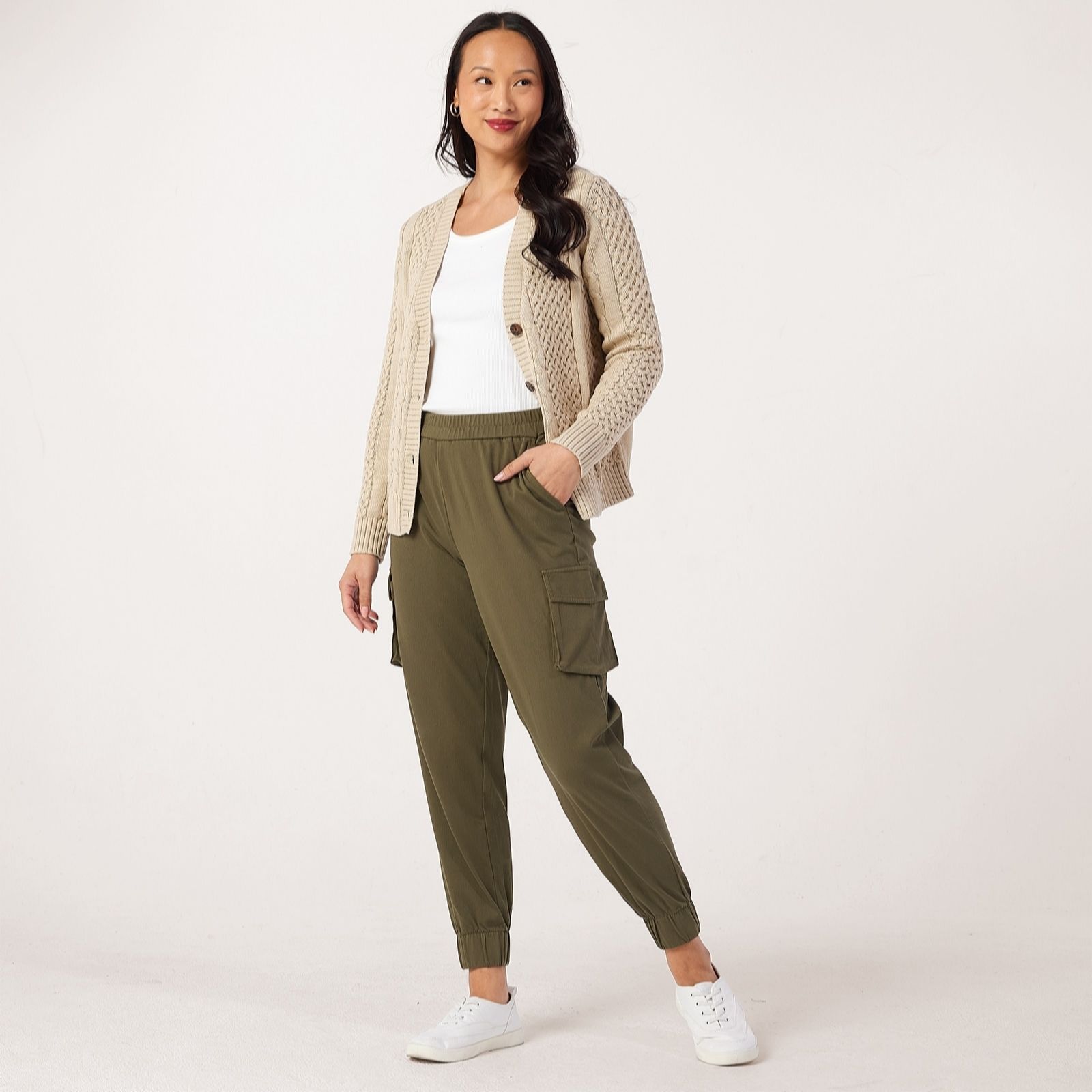 Denim & Co Comfy Knit Denim Cuffed Cargo Petite