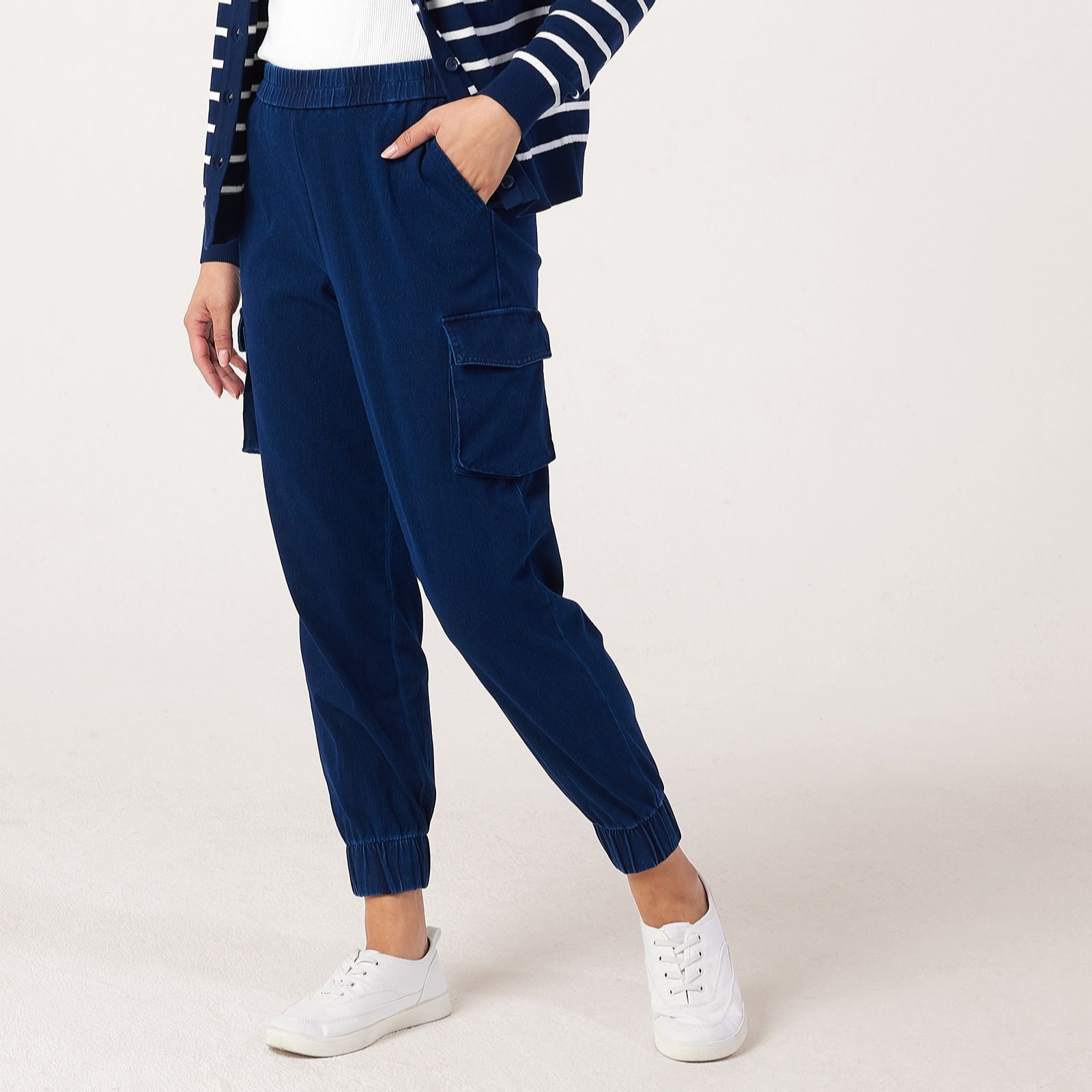 Denim & Co. Comfy Knit Denim Cuffed Cargo Petite