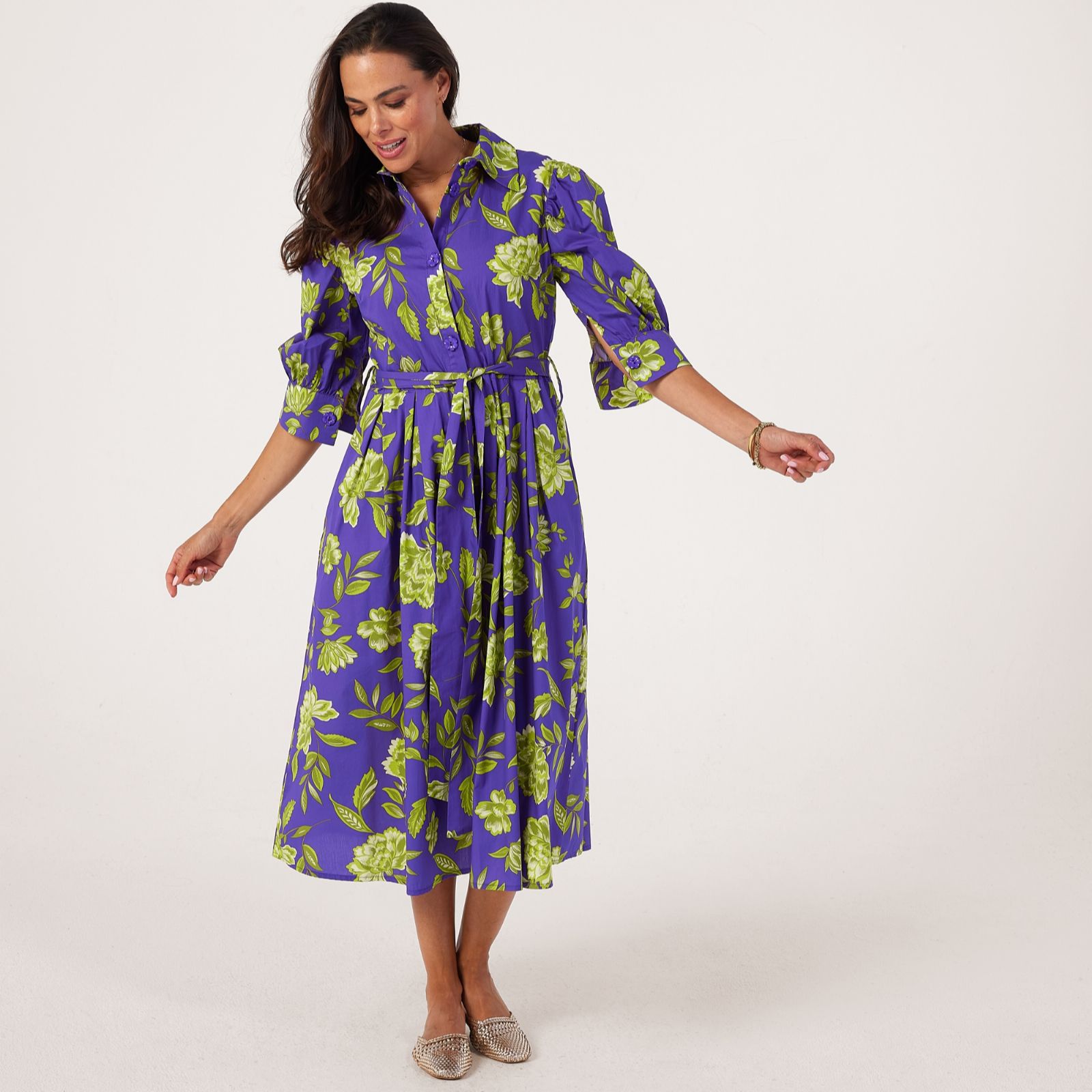 Helene Berman 100% Cotton Dress with Floral Buttons