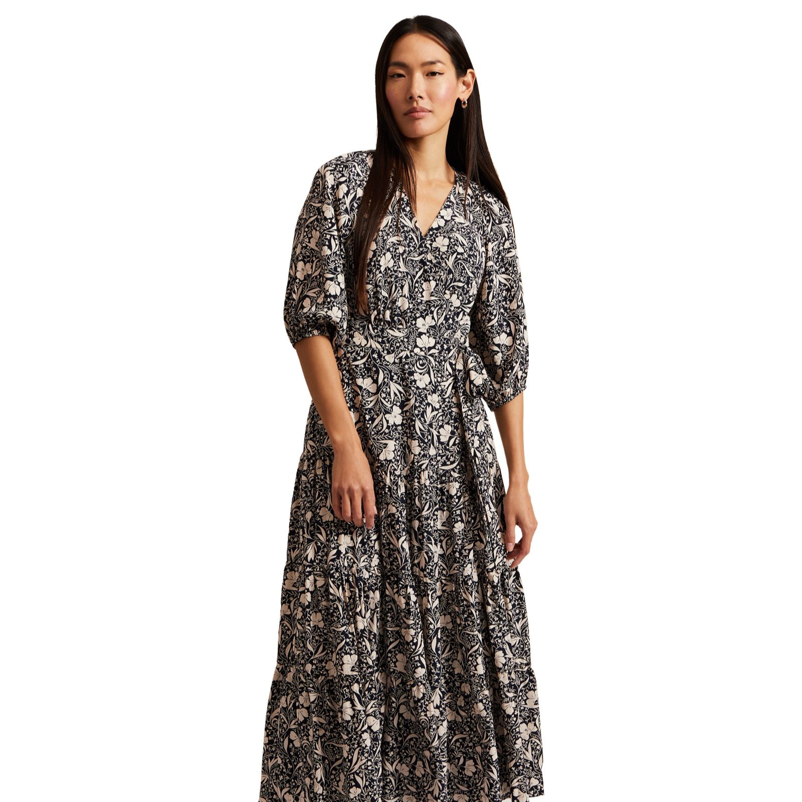 【PHASE EIGHT】Elaina Printed Tiered フローラル Dress PHASE EIGHT Elaina Printed Tiered Midi Dress in Yellow