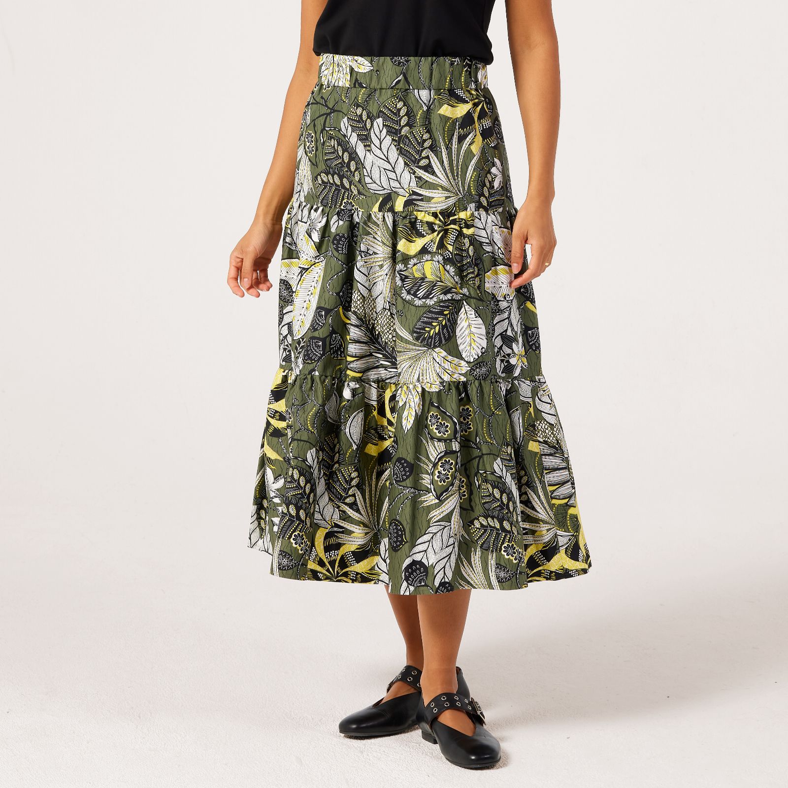 Helene Berman Cotton Tropical Print Tiered Stretch Waist Skirt w/Pockets
