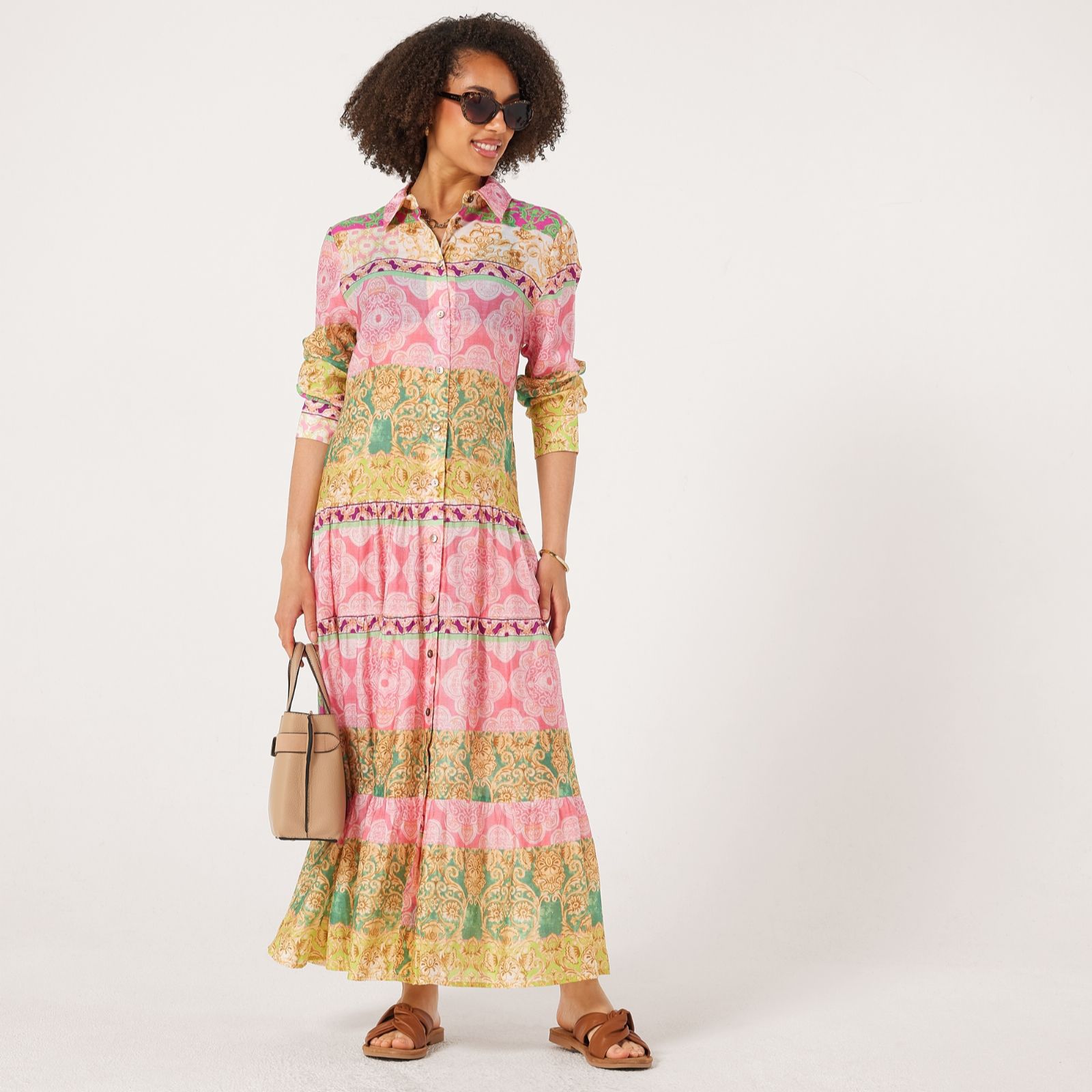 Malissa J Patchwork Long Sleeve Dress with Studs