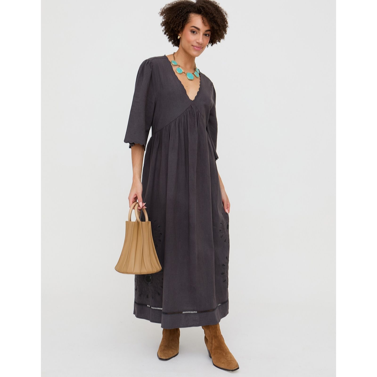 Raffya Ibiza Smock Embroidered Midi Dress