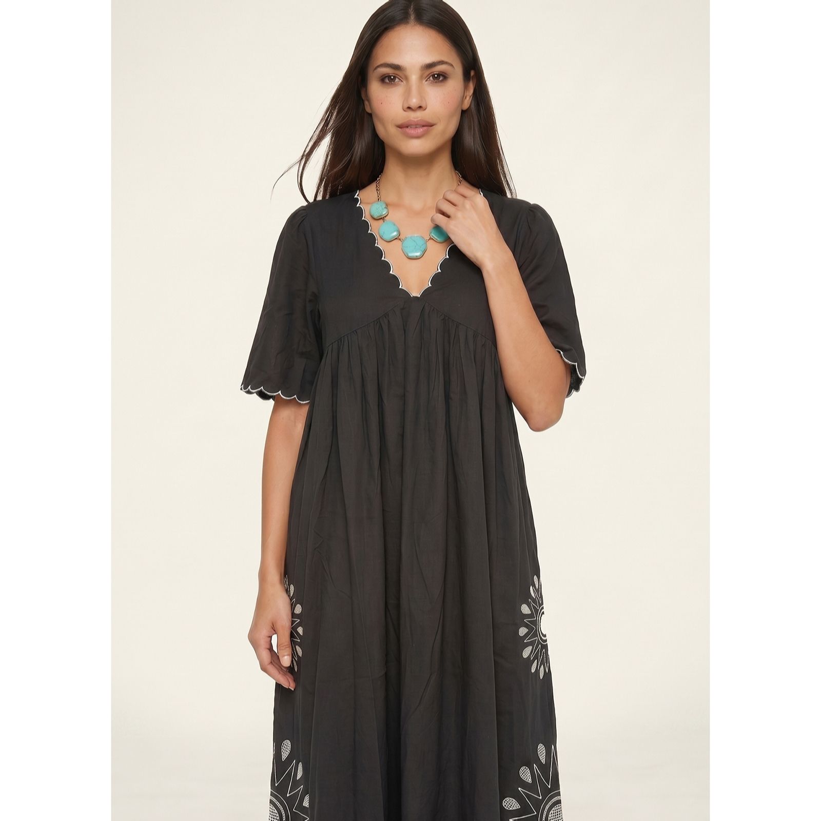 Raffya Ibiza Smock Embroidered Midi Dress