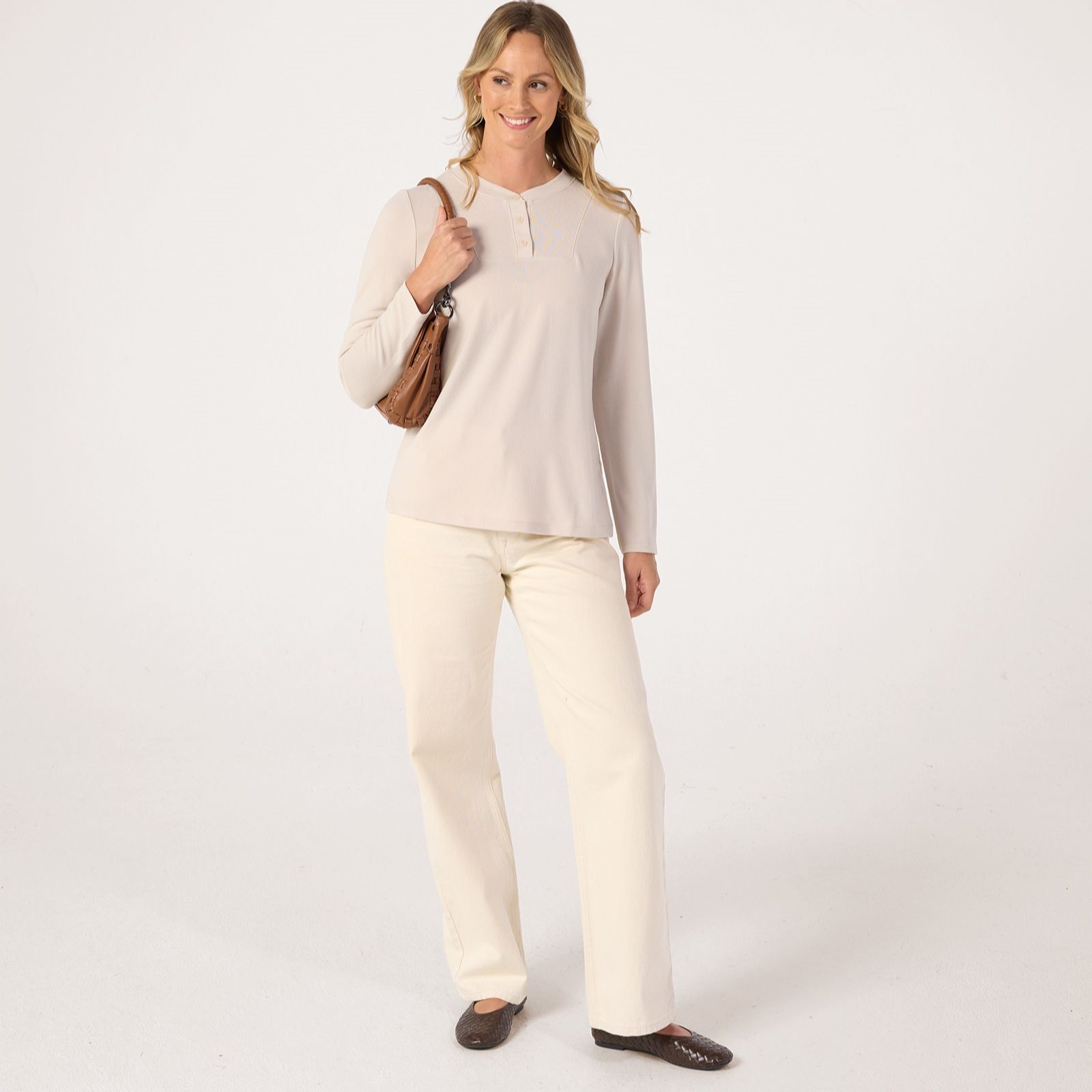 Denim & Co Essentials Heavenly Jersey Henley Long Sleeve Top