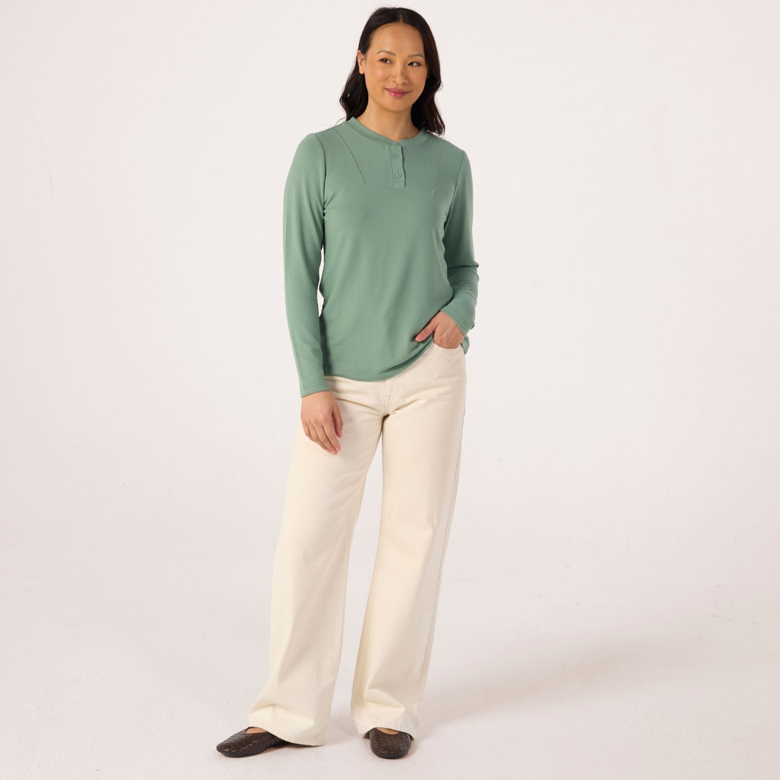 Denim & Co Essentials Heavenly Jersey Henley Long Sleeve Top
