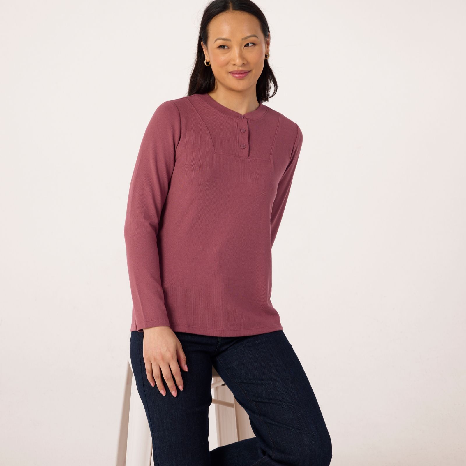 Denim & Co Essentials Heavenly Jersey Henley Long Sleeve Top