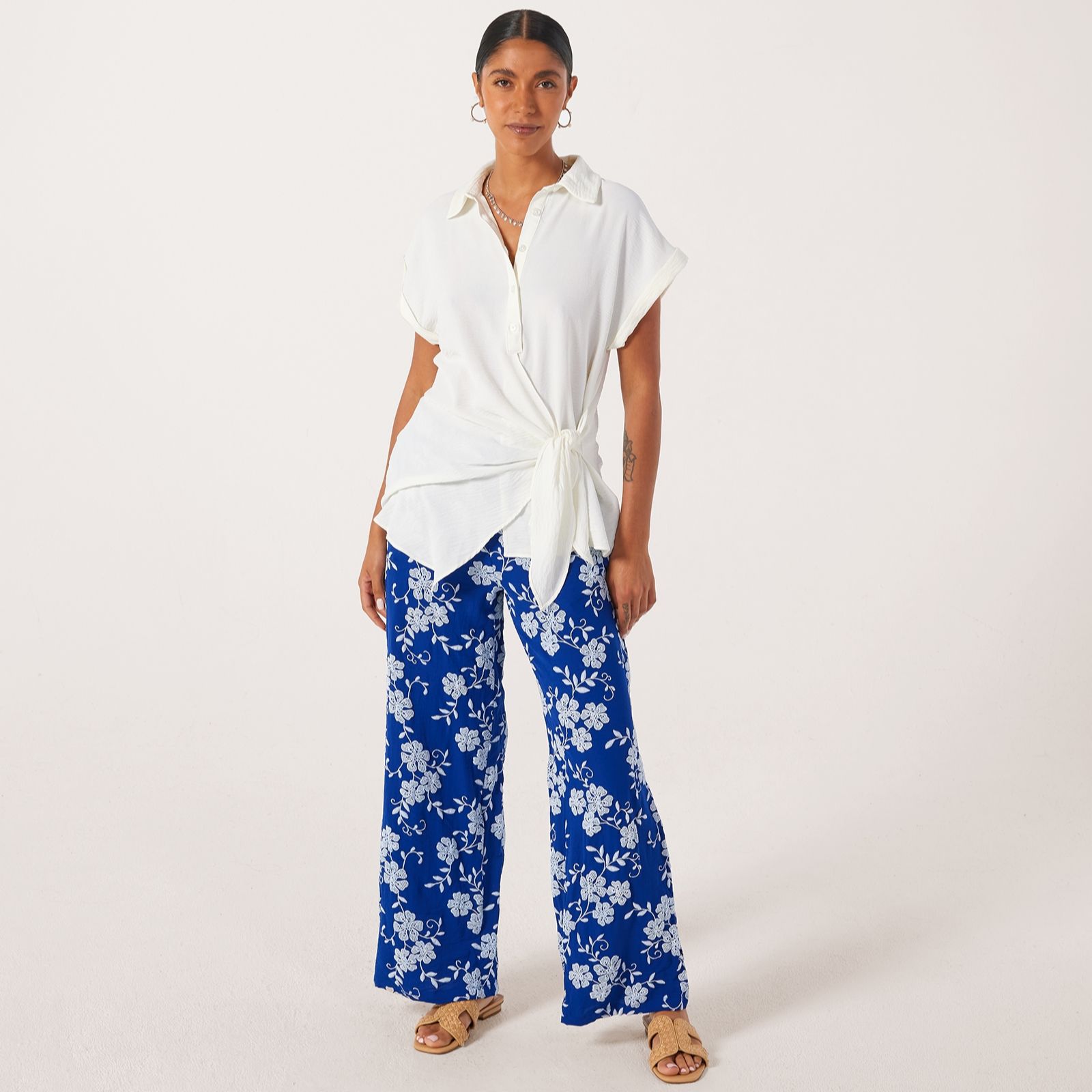 Nina Leonard Short Sleeve Collared Shirt with Side Tie In Textured Wave